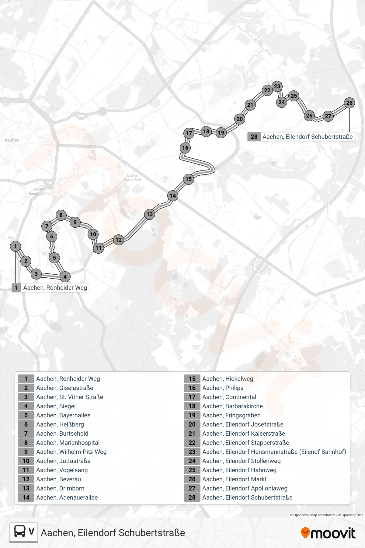 Linie V (Bus) Richtung Aachen, Eilendorf Schubertstraße: Route und Haltestellen auf der Karte