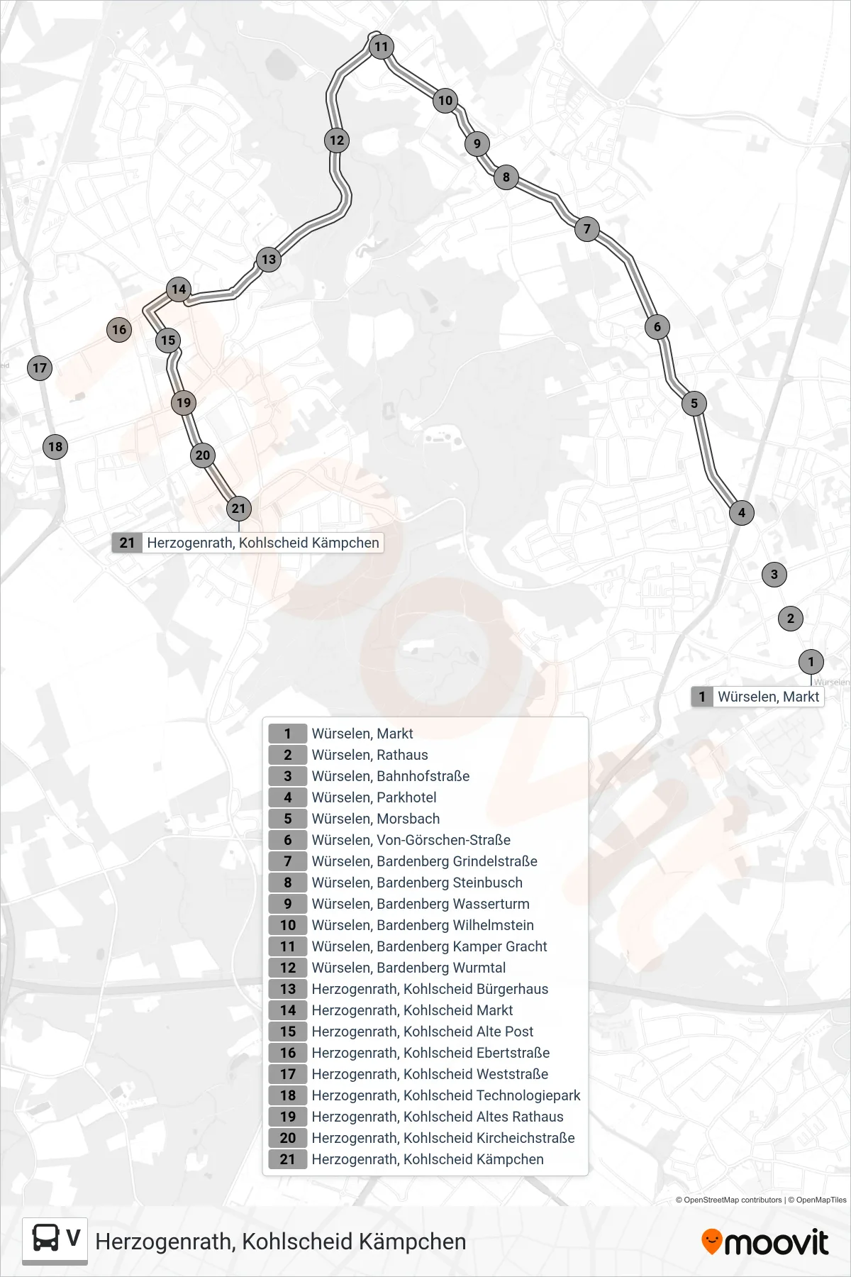 V bus Line (Herzogenrath, Kohlscheid Kämpchen) route and stops on a map