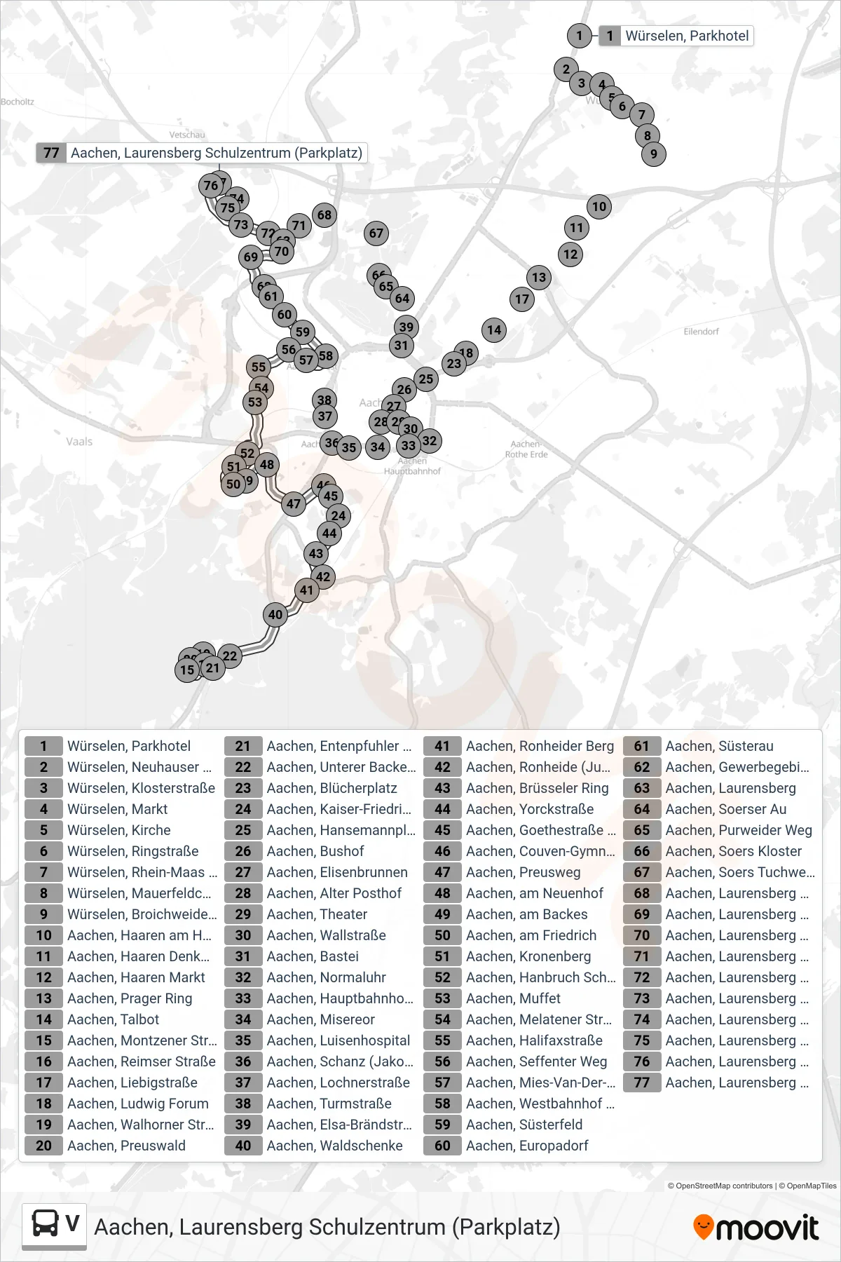 V bus Line (Aachen, Laurensberg Schulzentrum (Parkplatz)) route and stops on a map