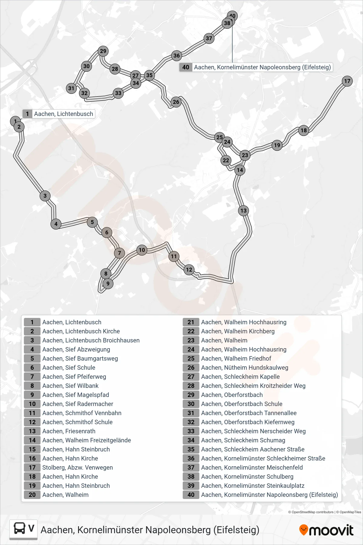 V bus Line (Aachen, Kornelimünster Napoleonsberg (Eifelsteig)) route and stops on a map
