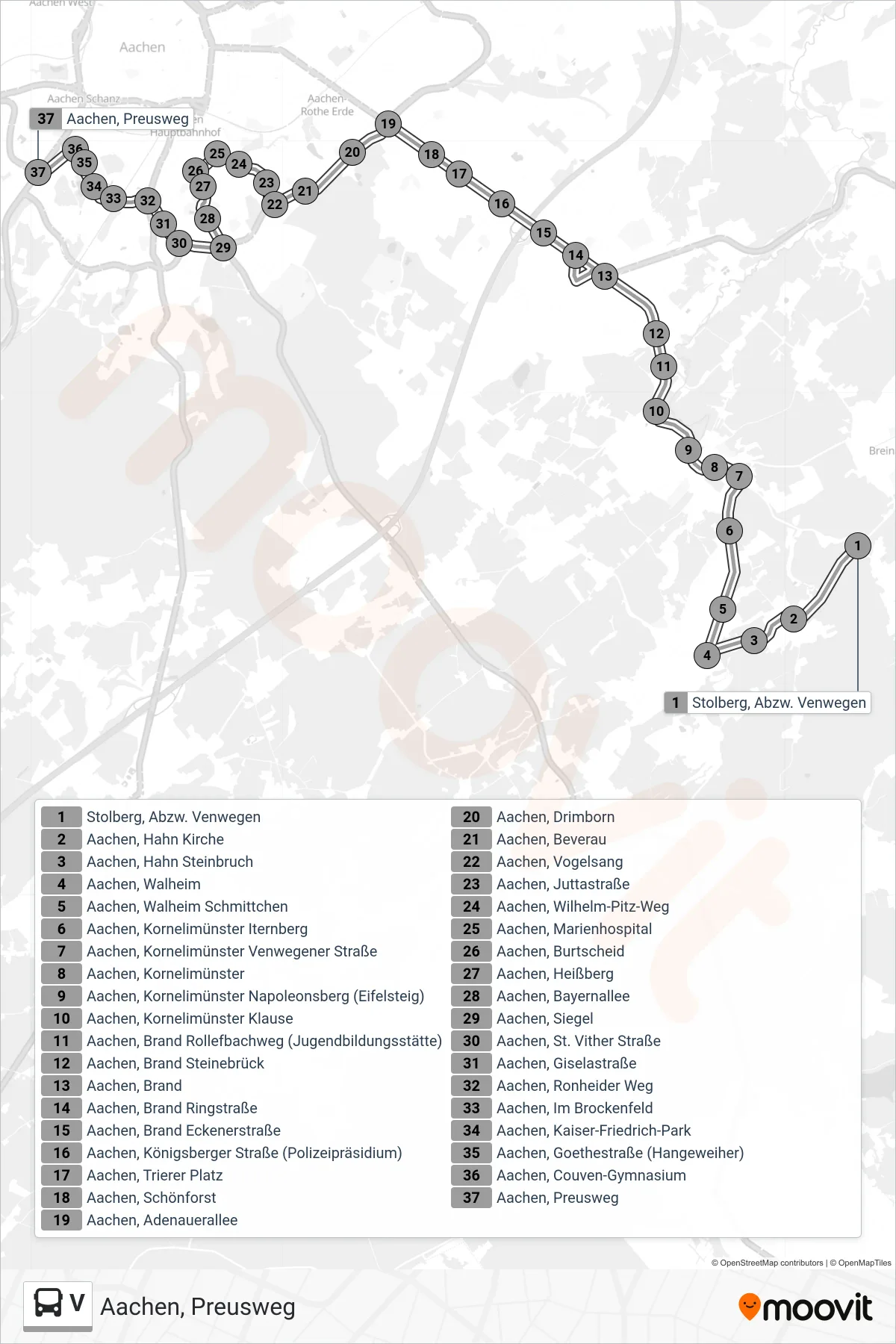 V bus Line (Aachen, Preusweg) route and stops on a map