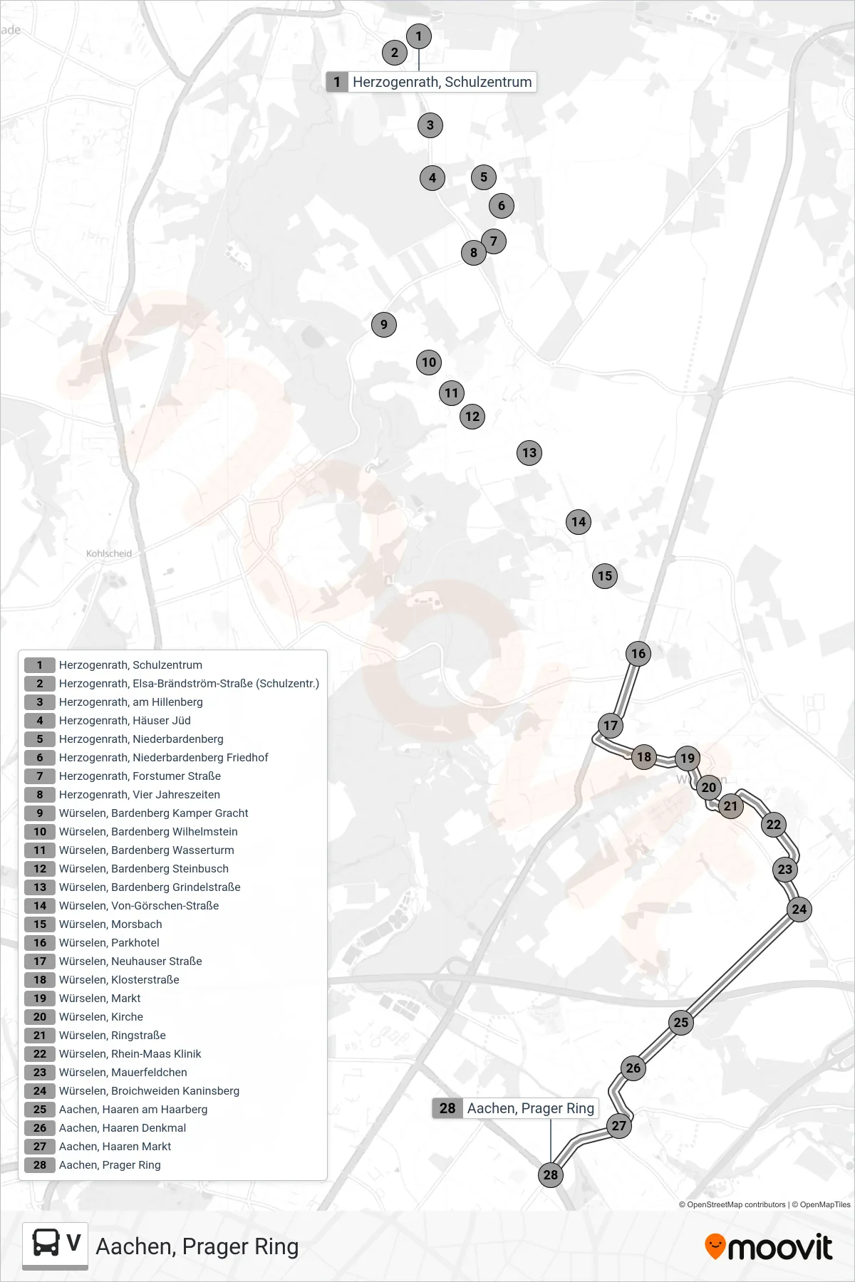V bus Line (Aachen, Prager Ring) route and stops on a map