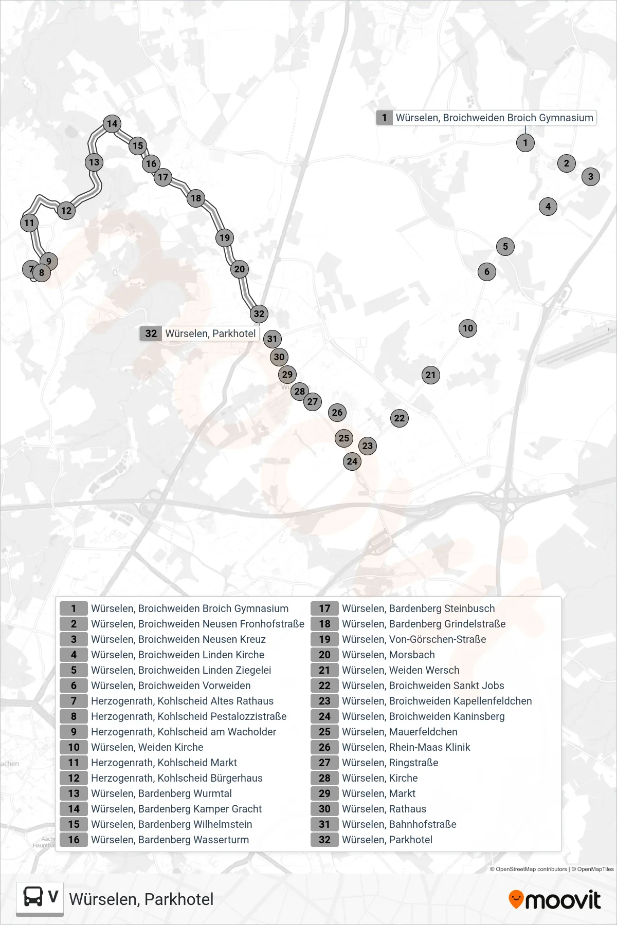 V bus Line (Würselen, Parkhotel) route and stops on a map
