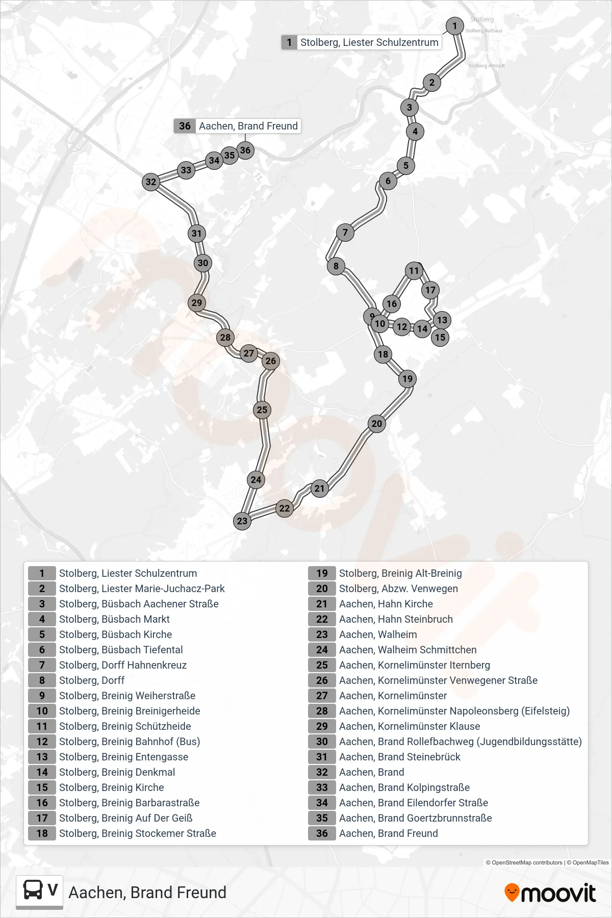 V bus Line (Aachen, Brand Freund) route and stops on a map