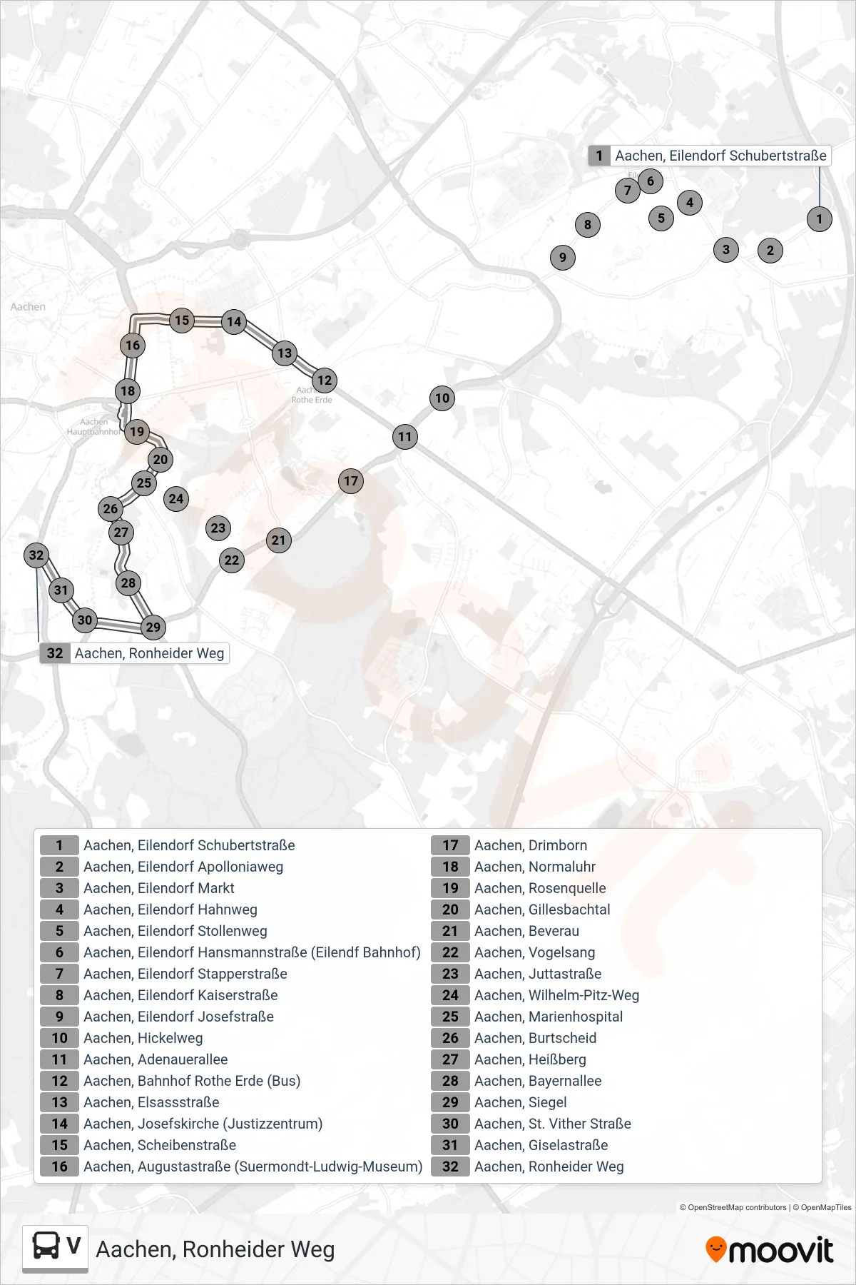 V bus Line (Aachen, Ronheider Weg) route and stops on a map