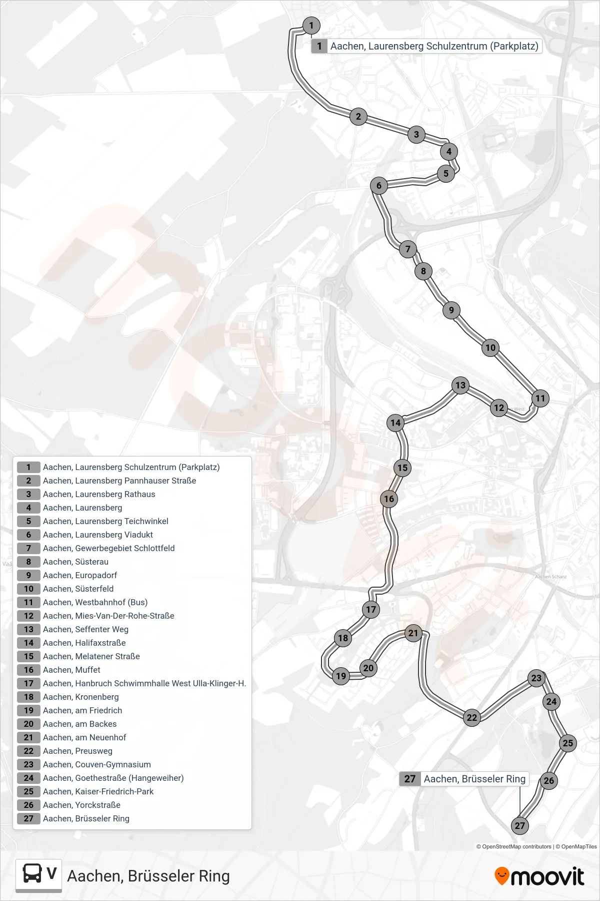 Linie V (Bus) Richtung Aachen, Brüsseler Ring: Route und Haltestellen auf der Karte