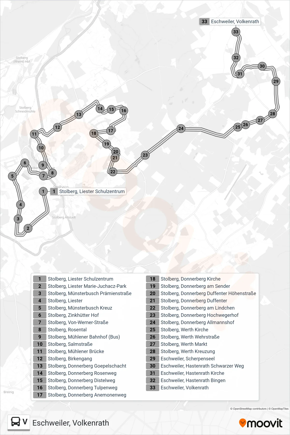 V bus Line (Eschweiler, Volkenrath) route and stops on a map