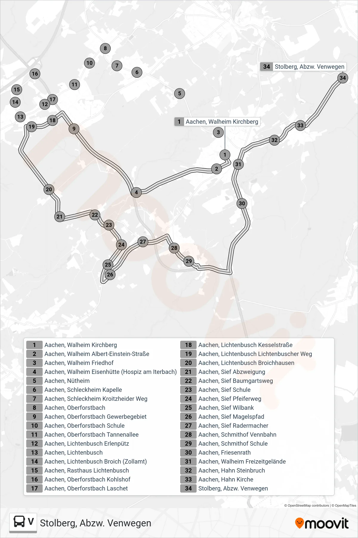 Linie V (Bus) Richtung Stolberg, Abzw. Venwegen: Route und Haltestellen auf der Karte
