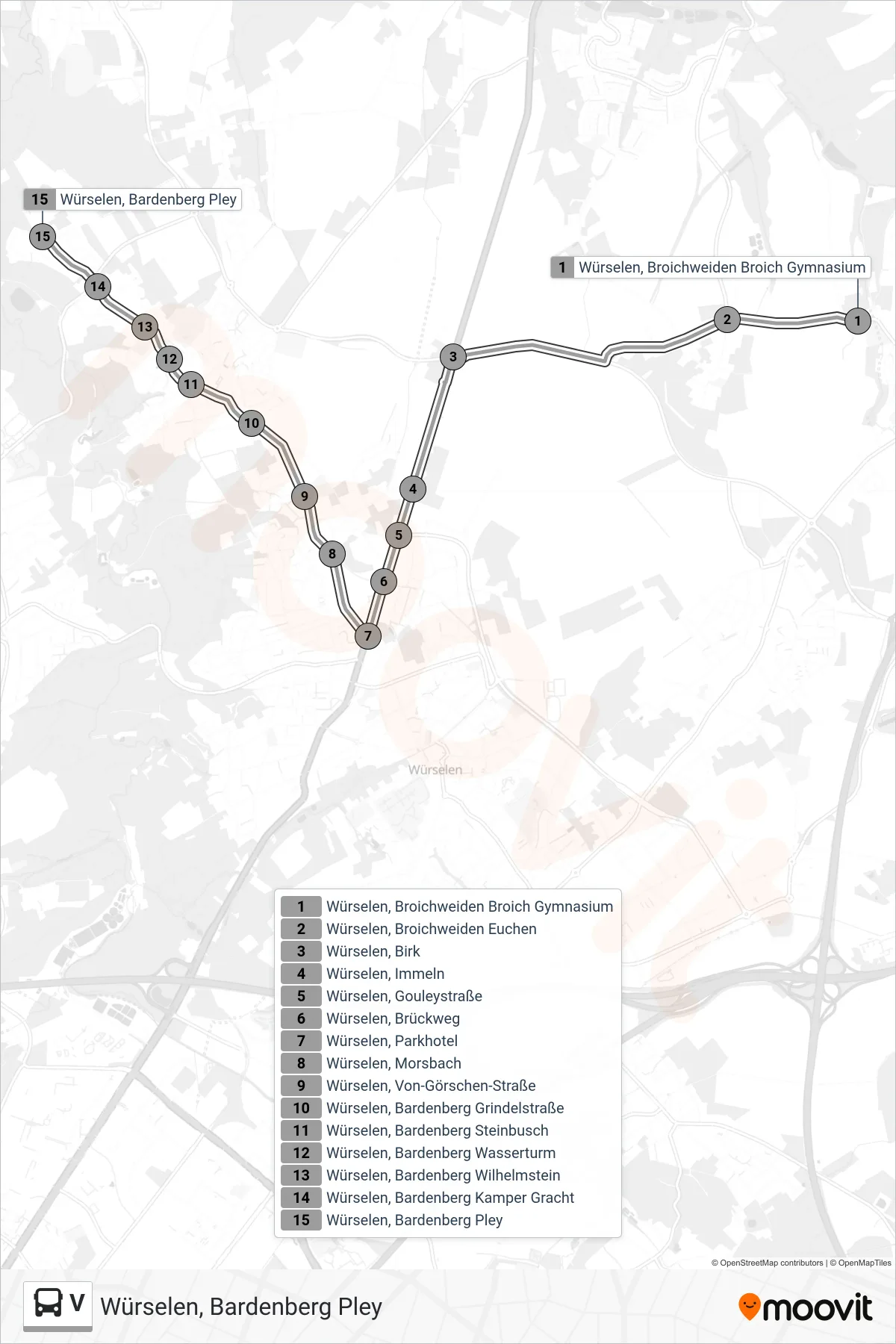 V bus Line (Würselen, Bardenberg Pley) route and stops on a map