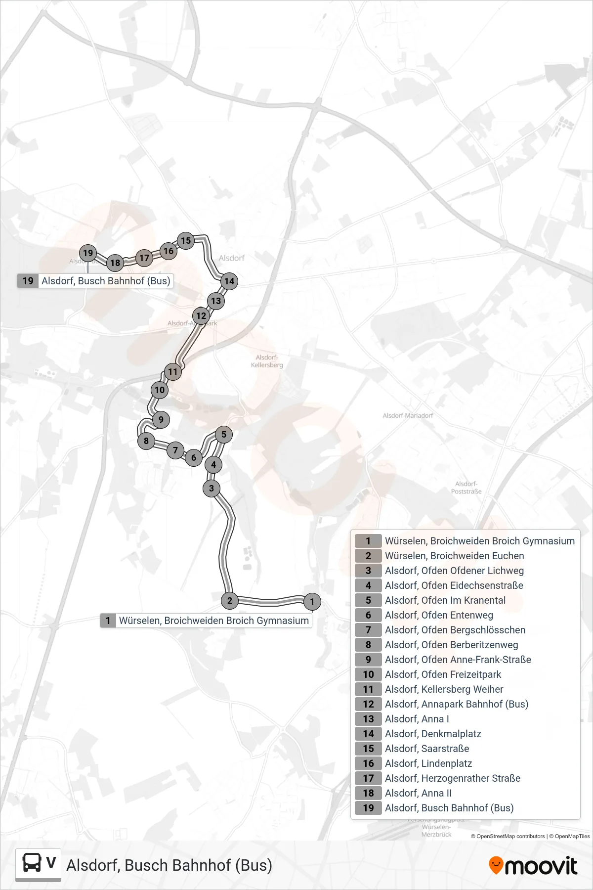 V bus Line (Alsdorf, Busch Bahnhof (Bus)) route and stops on a map