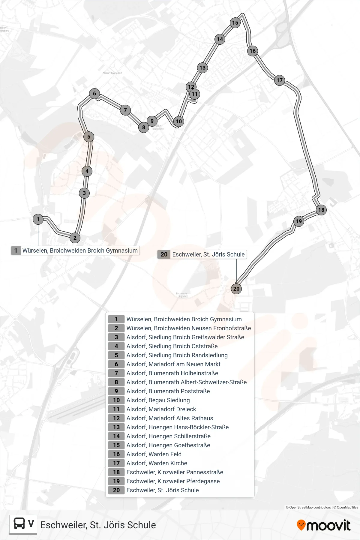 V bus Line (Eschweiler, St. Jöris Schule) route and stops on a map