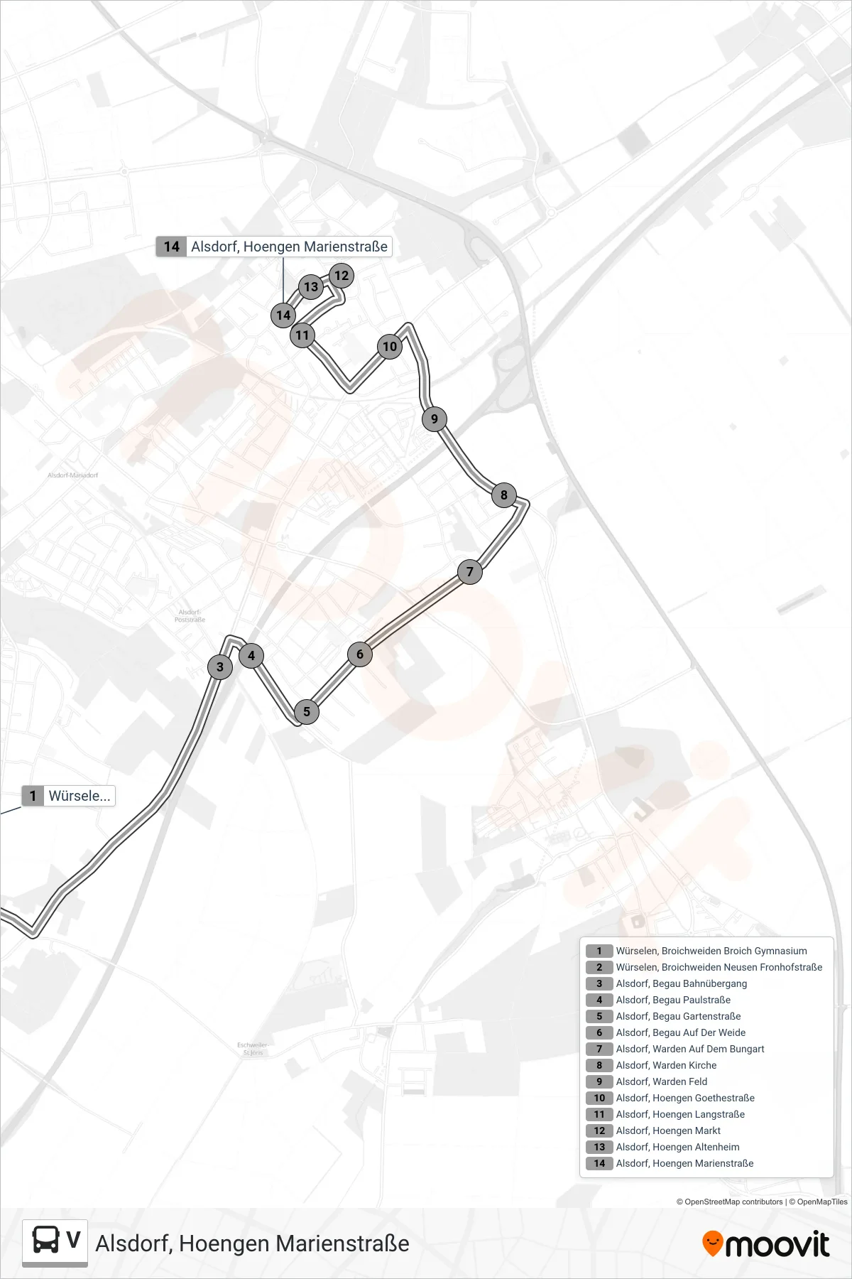 V bus Line (Alsdorf, Hoengen Marienstraße) route and stops on a map