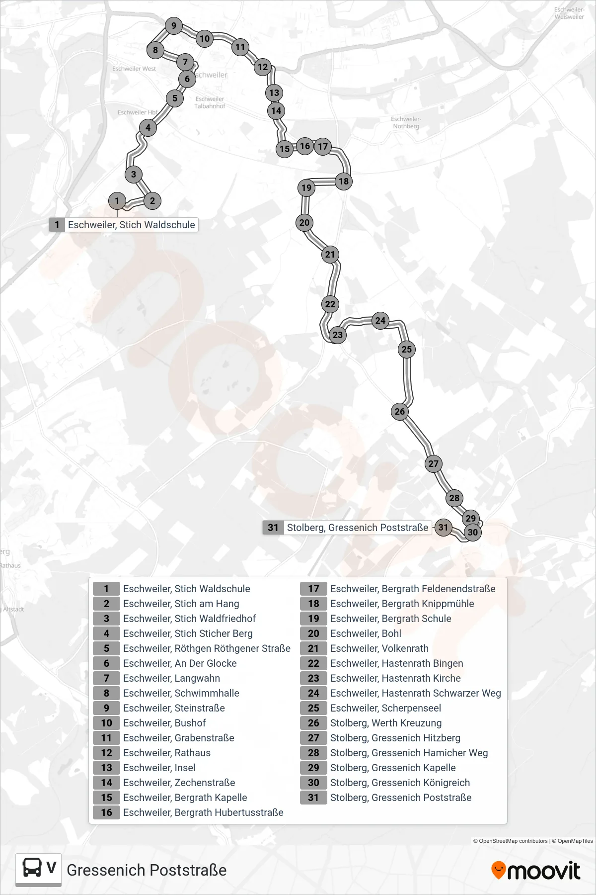 V bus Line (Gressenich Poststraße) route and stops on a map