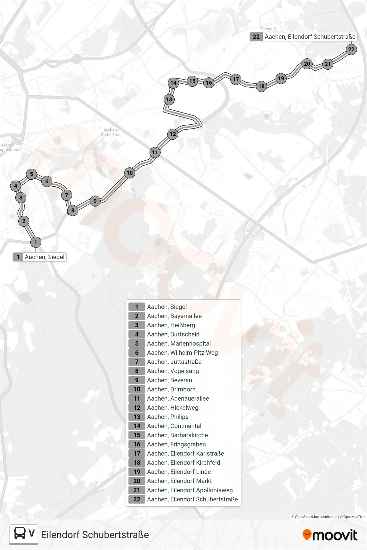 V bus Line (Eilendorf Schubertstraße) route and stops on a map