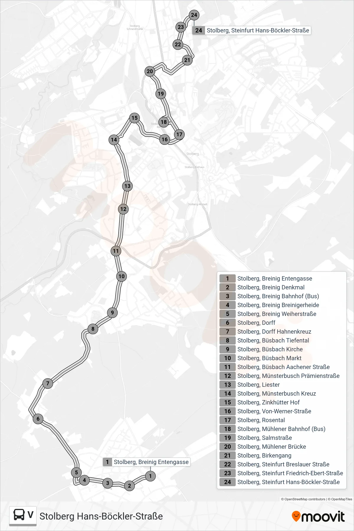 V bus Line (Stolberg Hans-Böckler-Straße) route and stops on a map