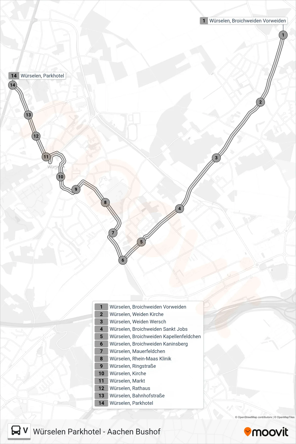 V bus Line (Würselen Parkhotel - Aachen Bushof) route and stops on a map