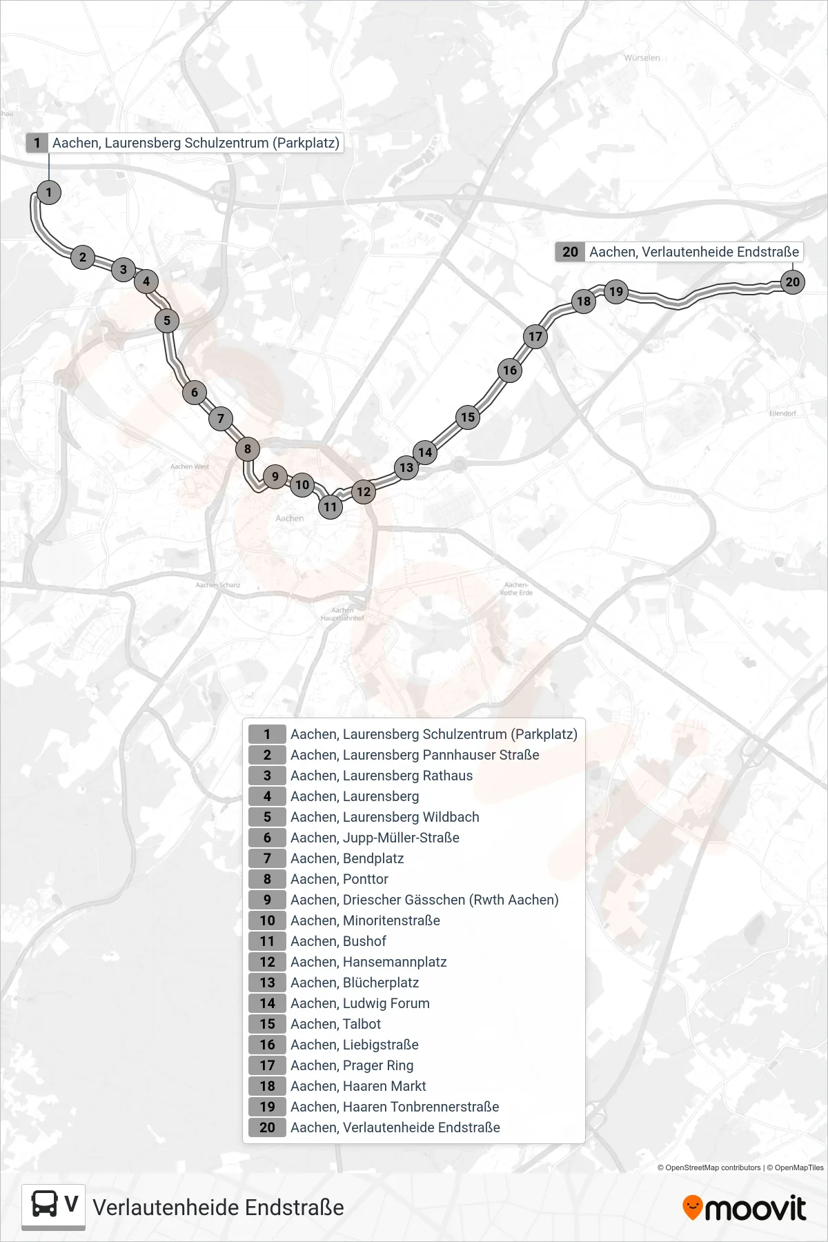 V bus Line (Verlautenheide Endstraße) route and stops on a map