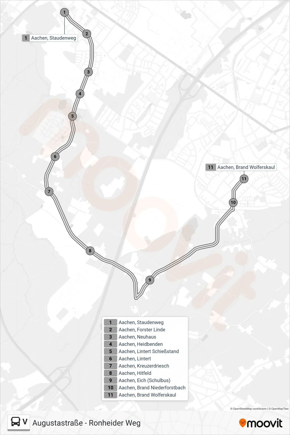 V bus Line (Augustastraße - Ronheider Weg) route and stops on a map