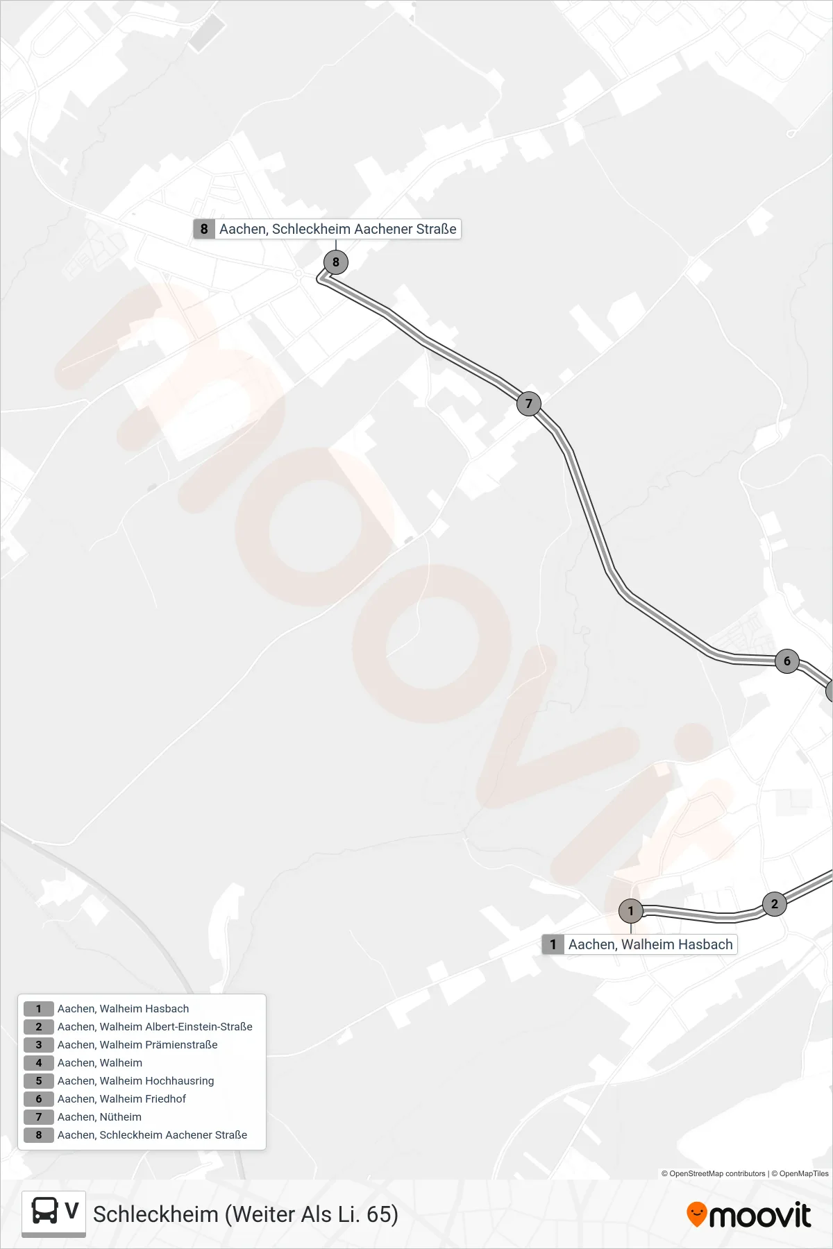 Linie V (Bus) Richtung Schleckheim (Weiter Als Li. 65): Route und Haltestellen auf der Karte