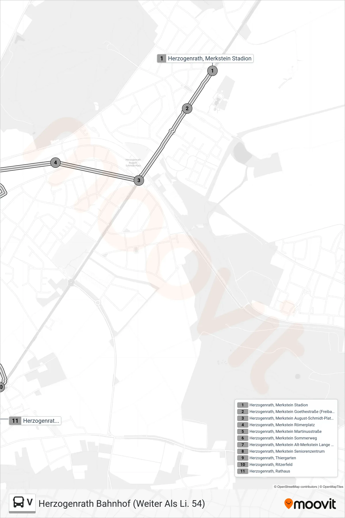 Linie V (Bus) Richtung Herzogenrath Bahnhof (Weiter Als Li. 54): Route und Haltestellen auf der Karte