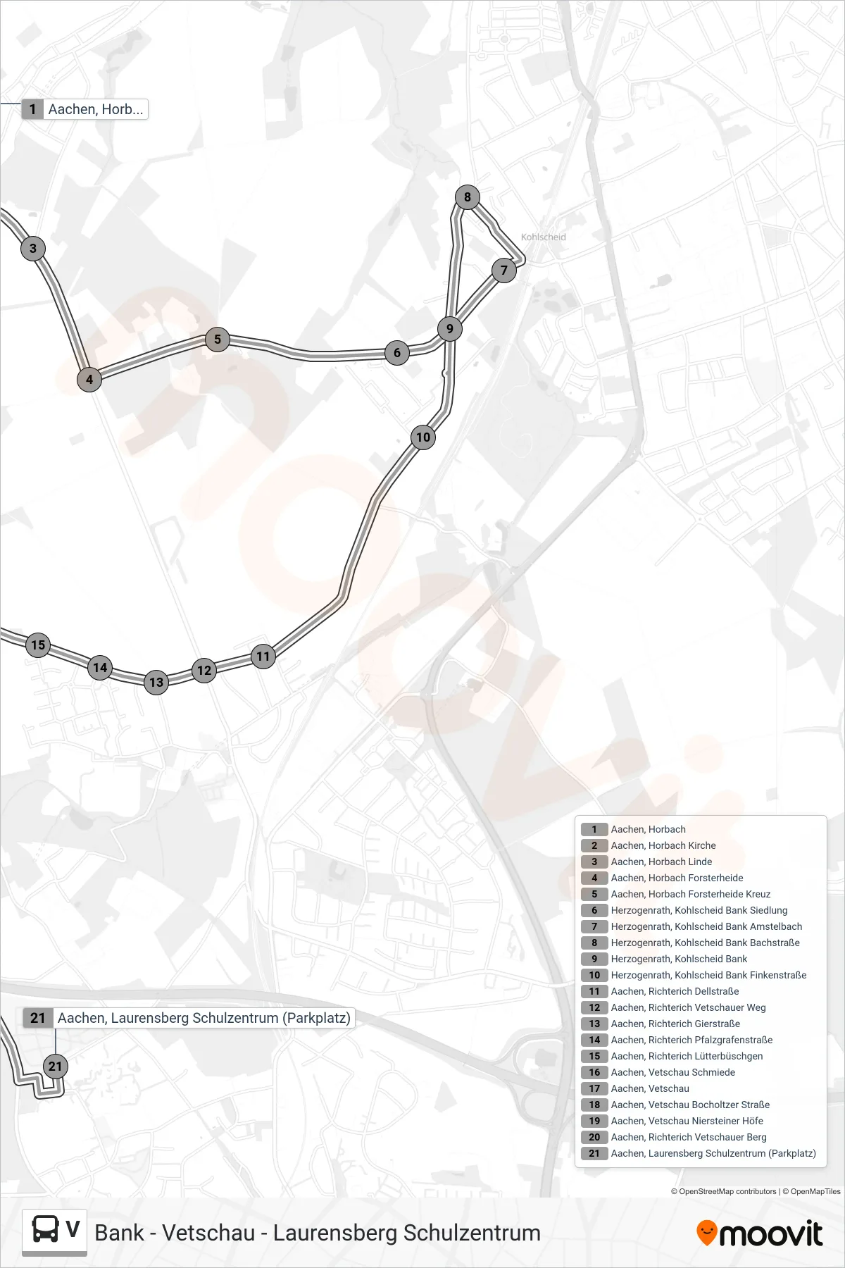 V bus Line (Bank - Vetschau - Laurensberg Schulzentrum) route and stops on a map