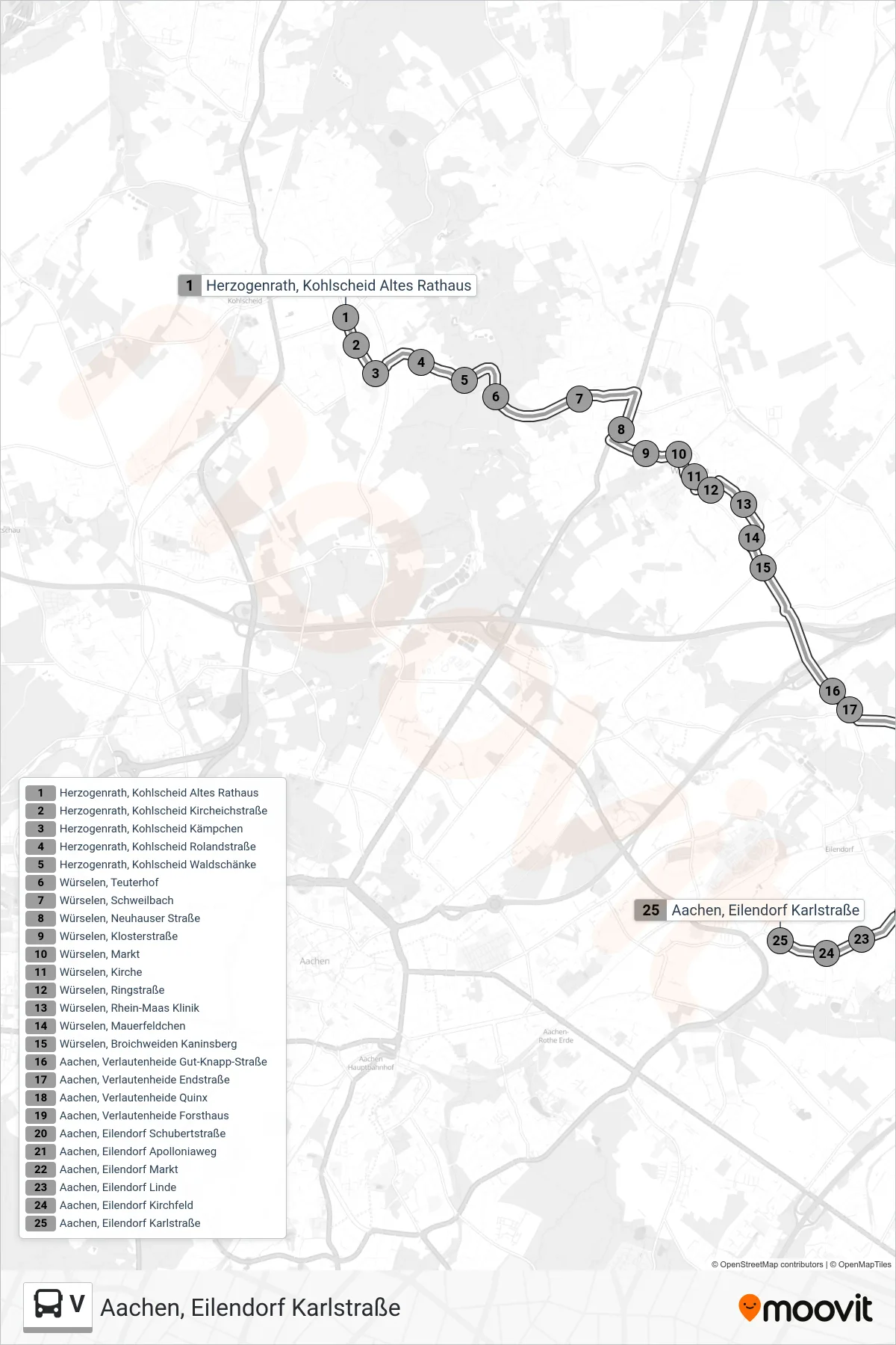 V bus Line (Aachen, Eilendorf Karlstraße) route and stops on a map