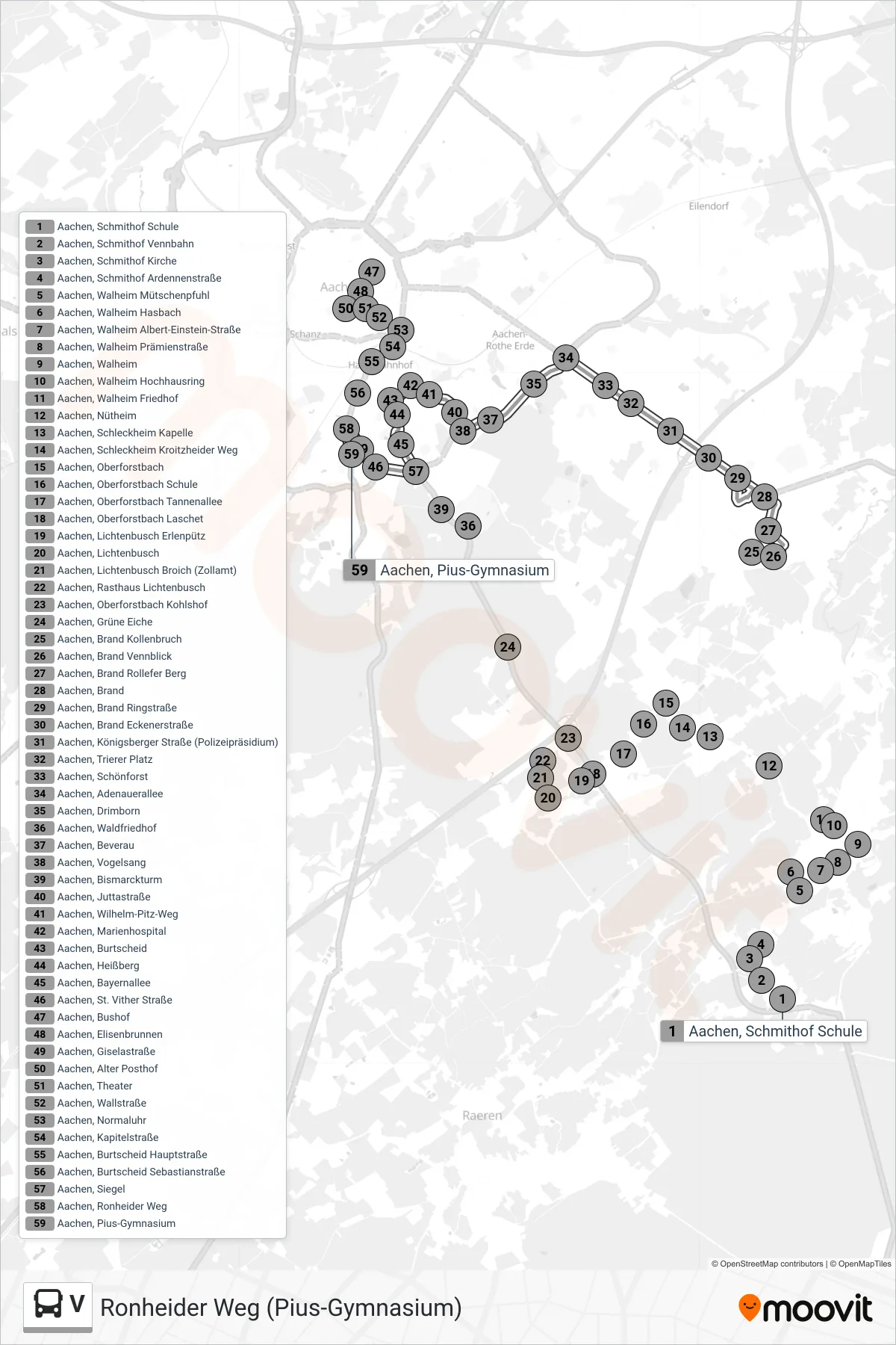 Linie V (Bus) Richtung Ronheider Weg (Pius-Gymnasium): Route und Haltestellen auf der Karte