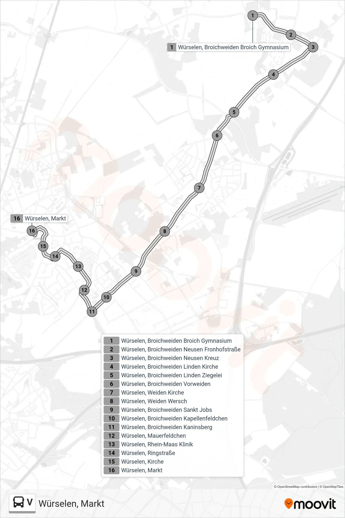 Linie V (Bus) Richtung Würselen, Markt: Route und Haltestellen auf der Karte