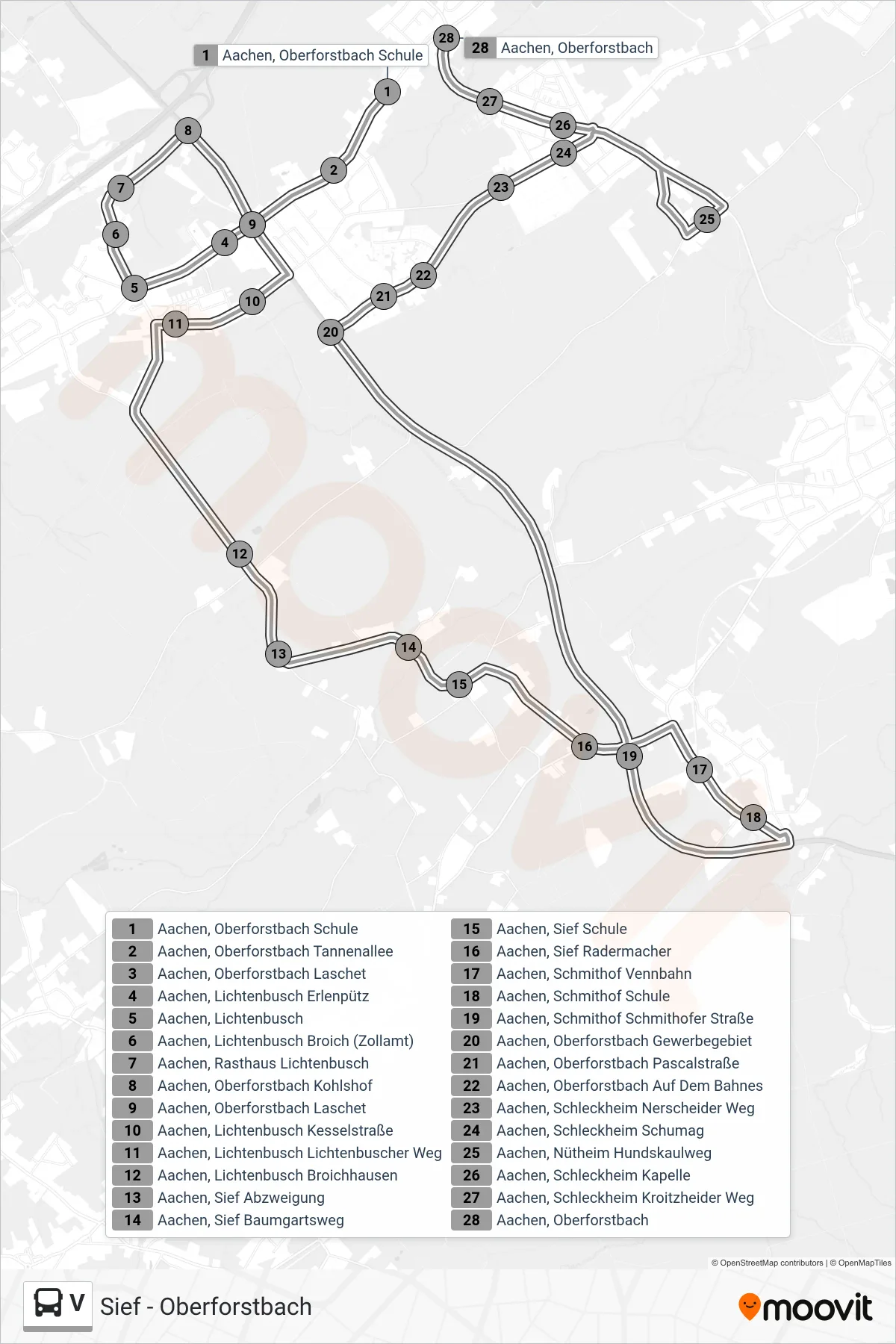 V bus Line (Sief - Oberforstbach) route and stops on a map