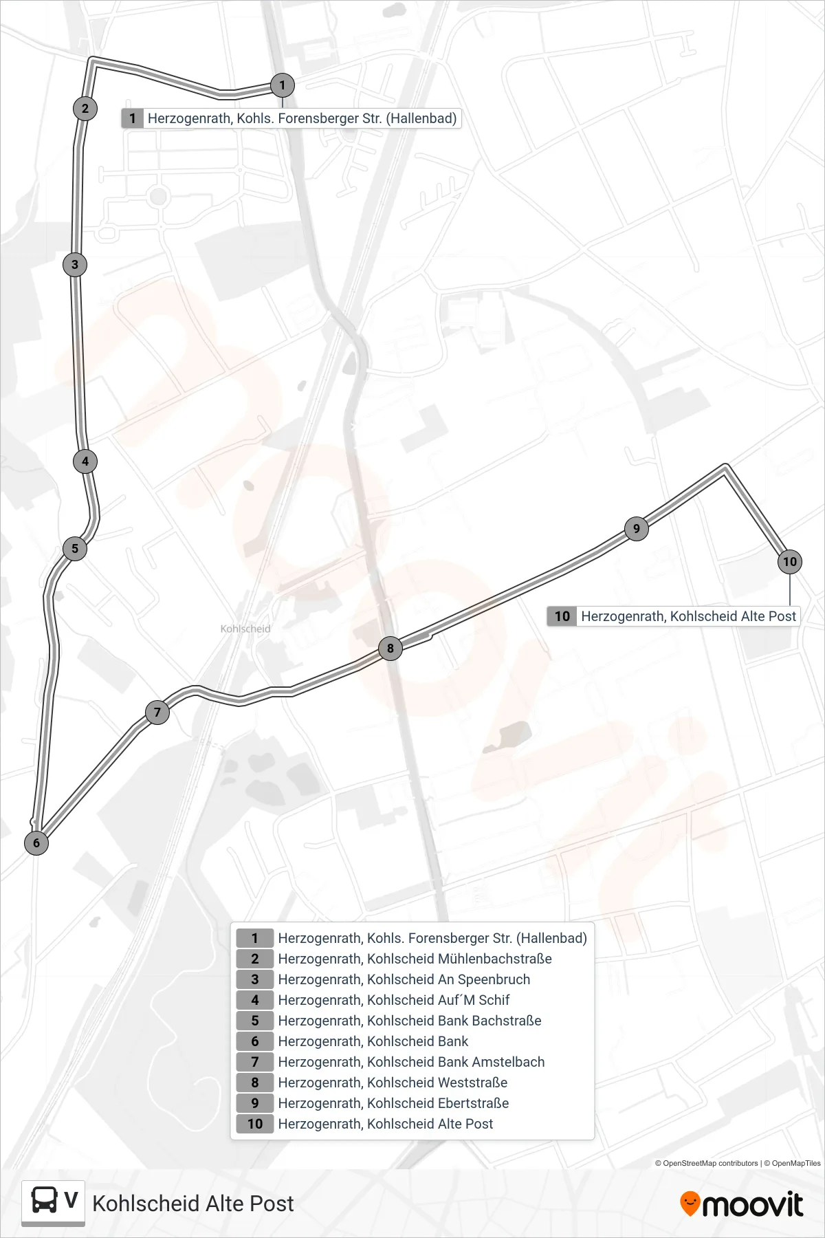 Linie V (Bus) Richtung Kohlscheid Alte Post: Route und Haltestellen auf der Karte