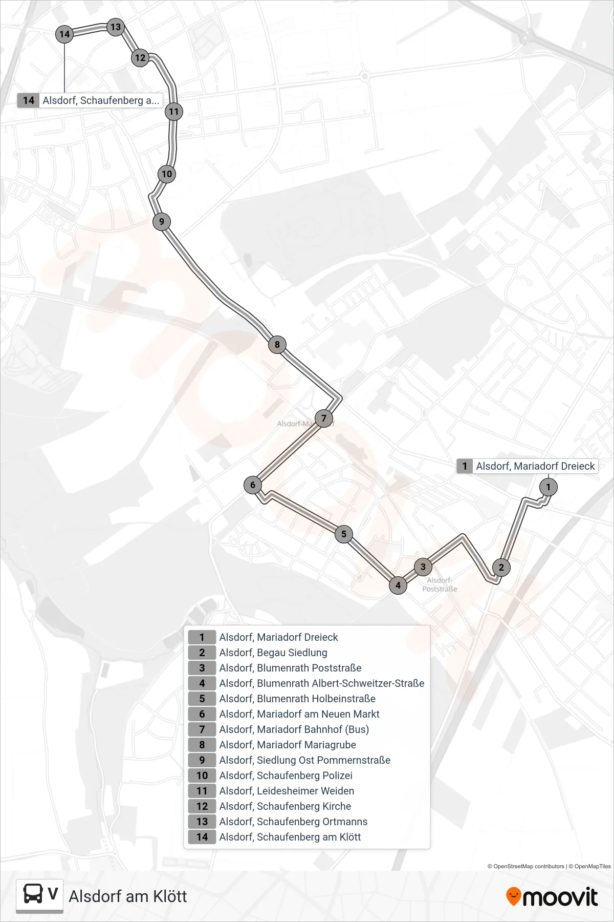 V bus Line (Alsdorf am Klött) route and stops on a map