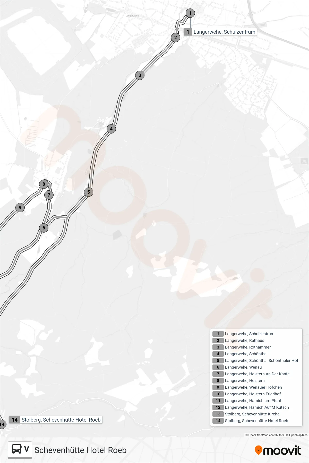 V bus Line (Schevenhütte Hotel Roeb) route and stops on a map