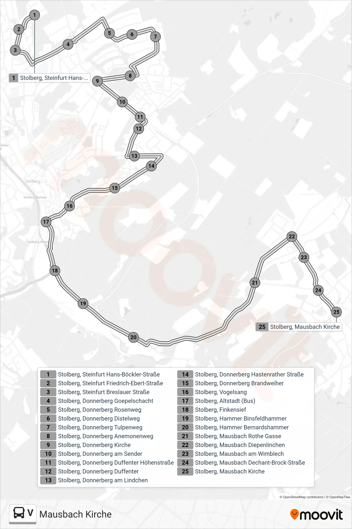V bus Line (Mausbach Kirche) route and stops on a map