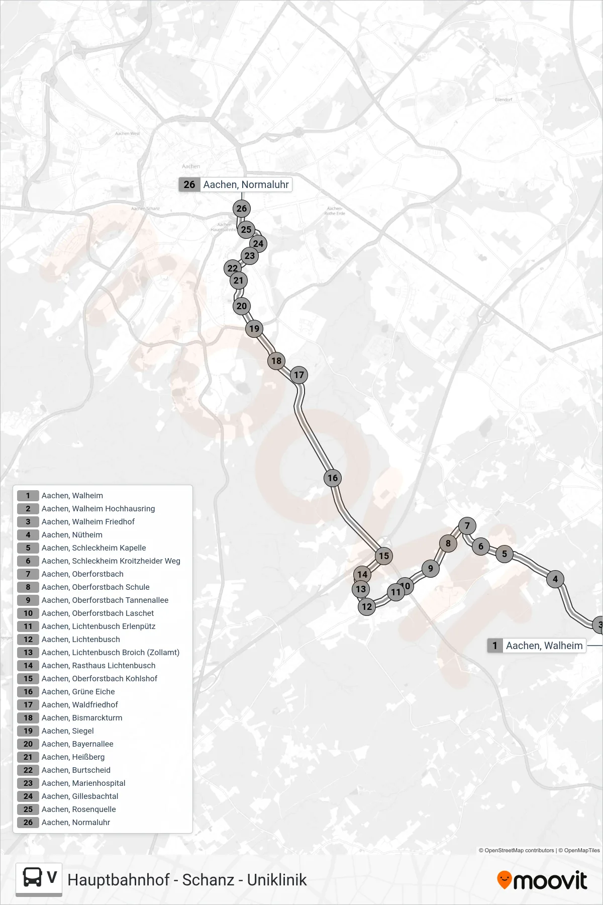 V bus Line (Hauptbahnhof - Schanz - Uniklinik) route and stops on a map