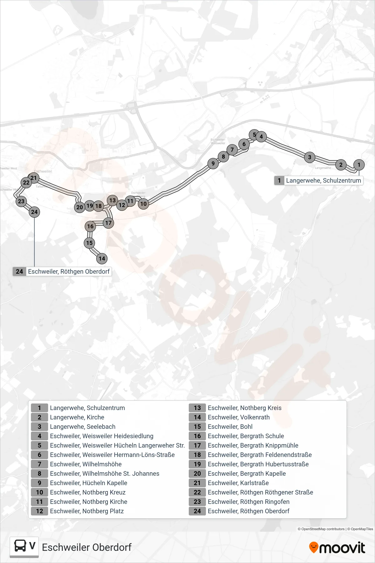 Linie V (Bus) Richtung Eschweiler Oberdorf: Route und Haltestellen auf der Karte