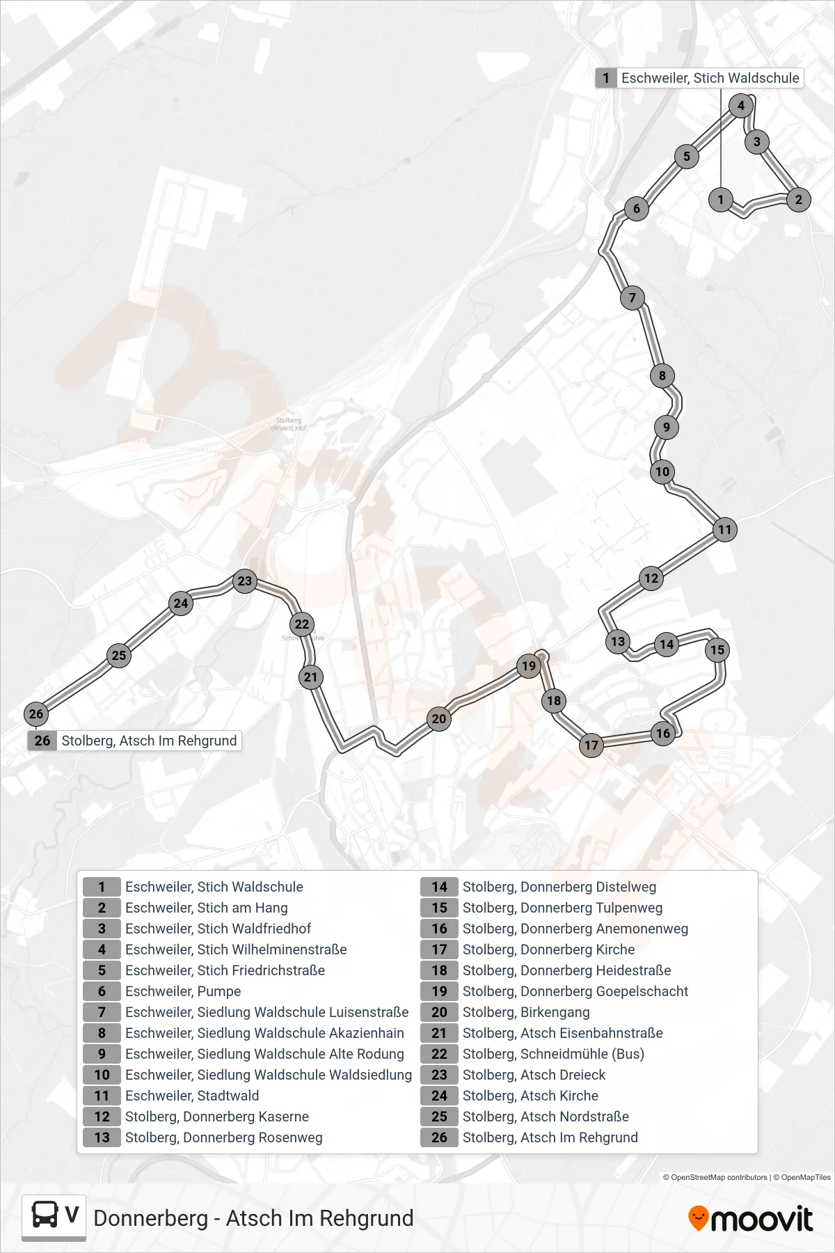 V bus Line (Donnerberg - Atsch Im Rehgrund) route and stops on a map