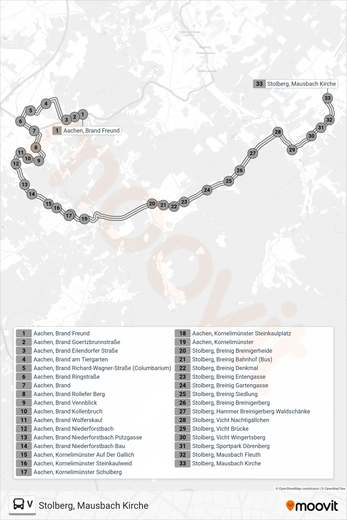 Linie V (Bus) Richtung Stolberg, Mausbach Kirche: Route und Haltestellen auf der Karte