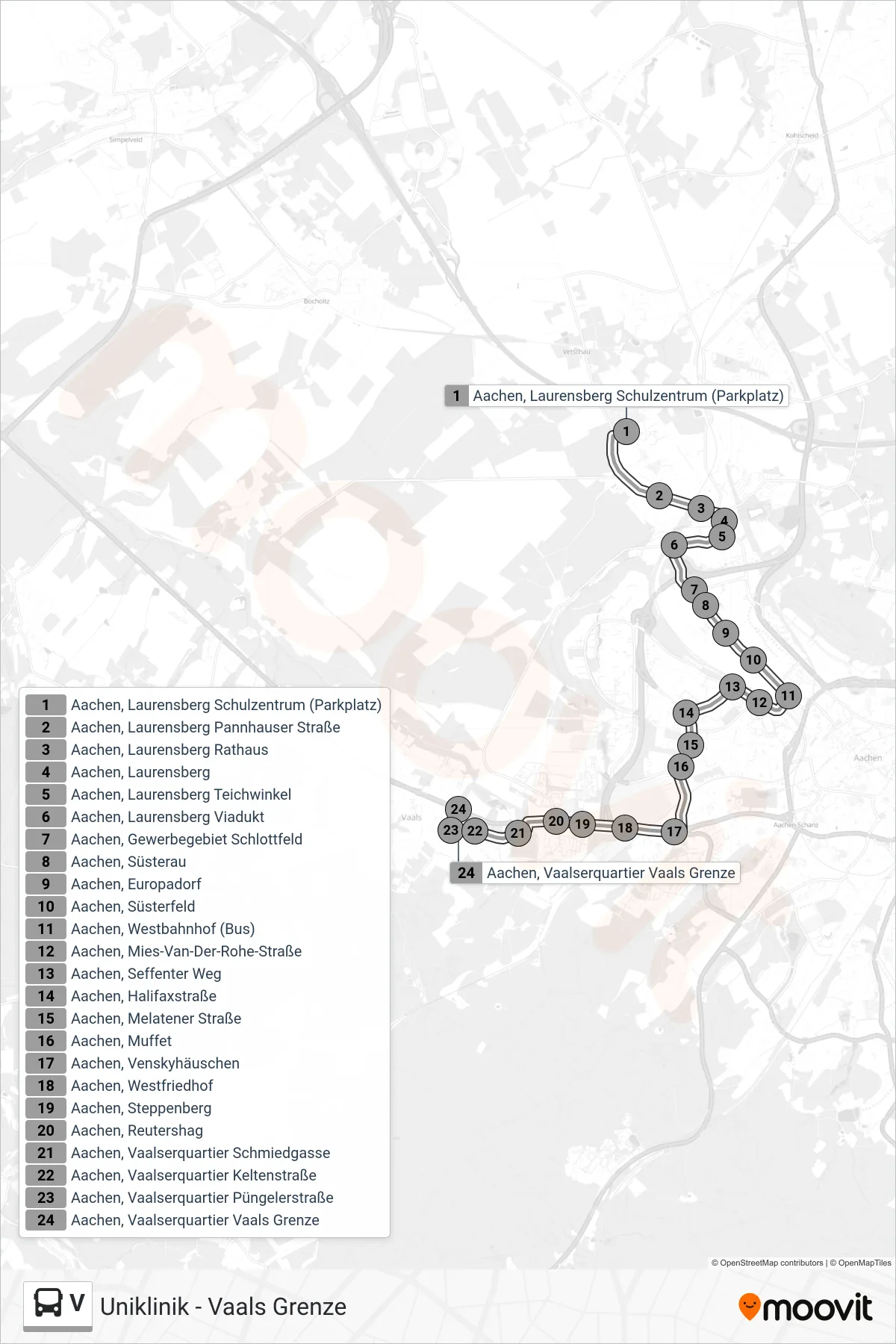 Linie V (Bus) Richtung Uniklinik - Vaals Grenze: Route und Haltestellen auf der Karte