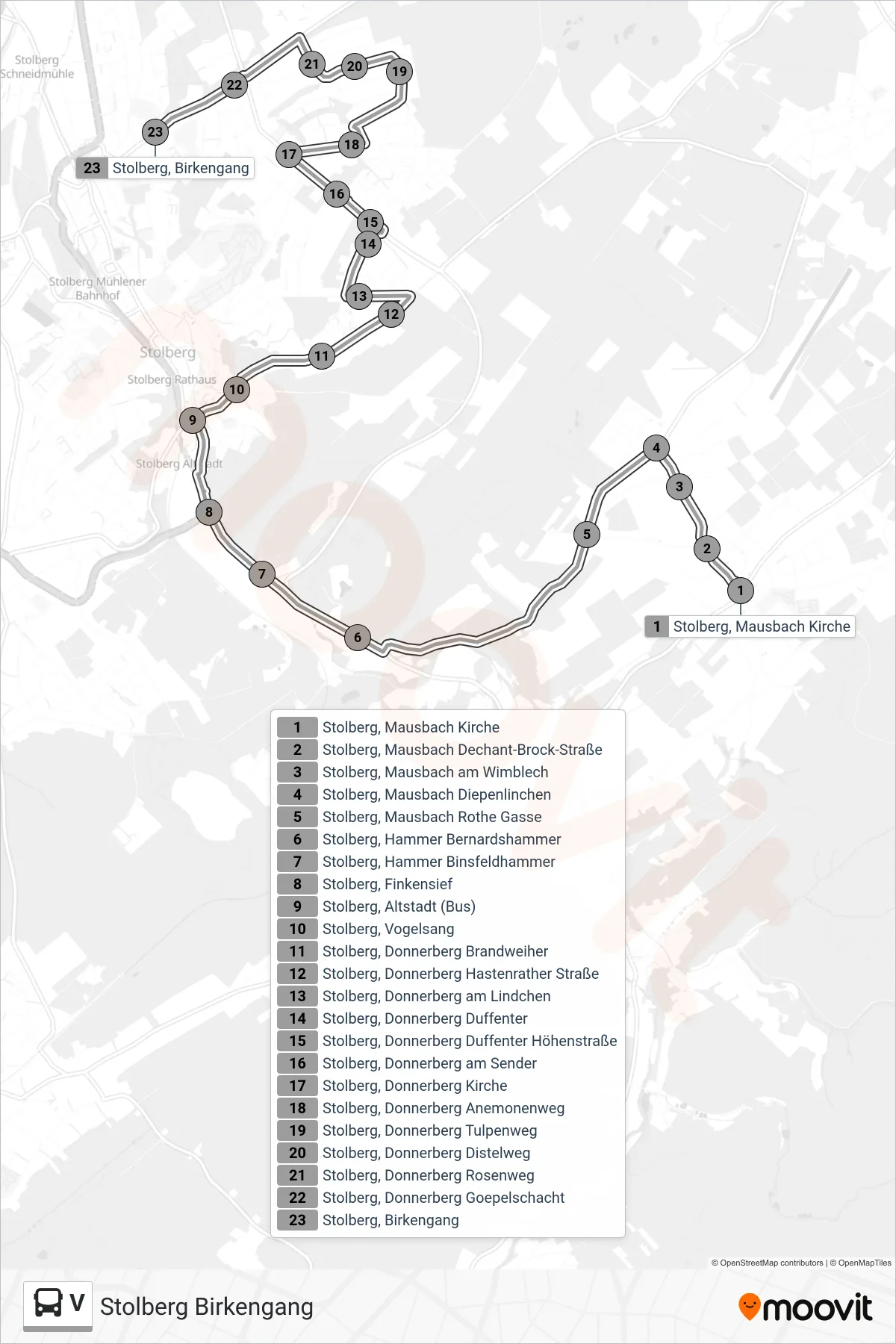 Linie V (Bus) Richtung Stolberg Birkengang: Route und Haltestellen auf der Karte