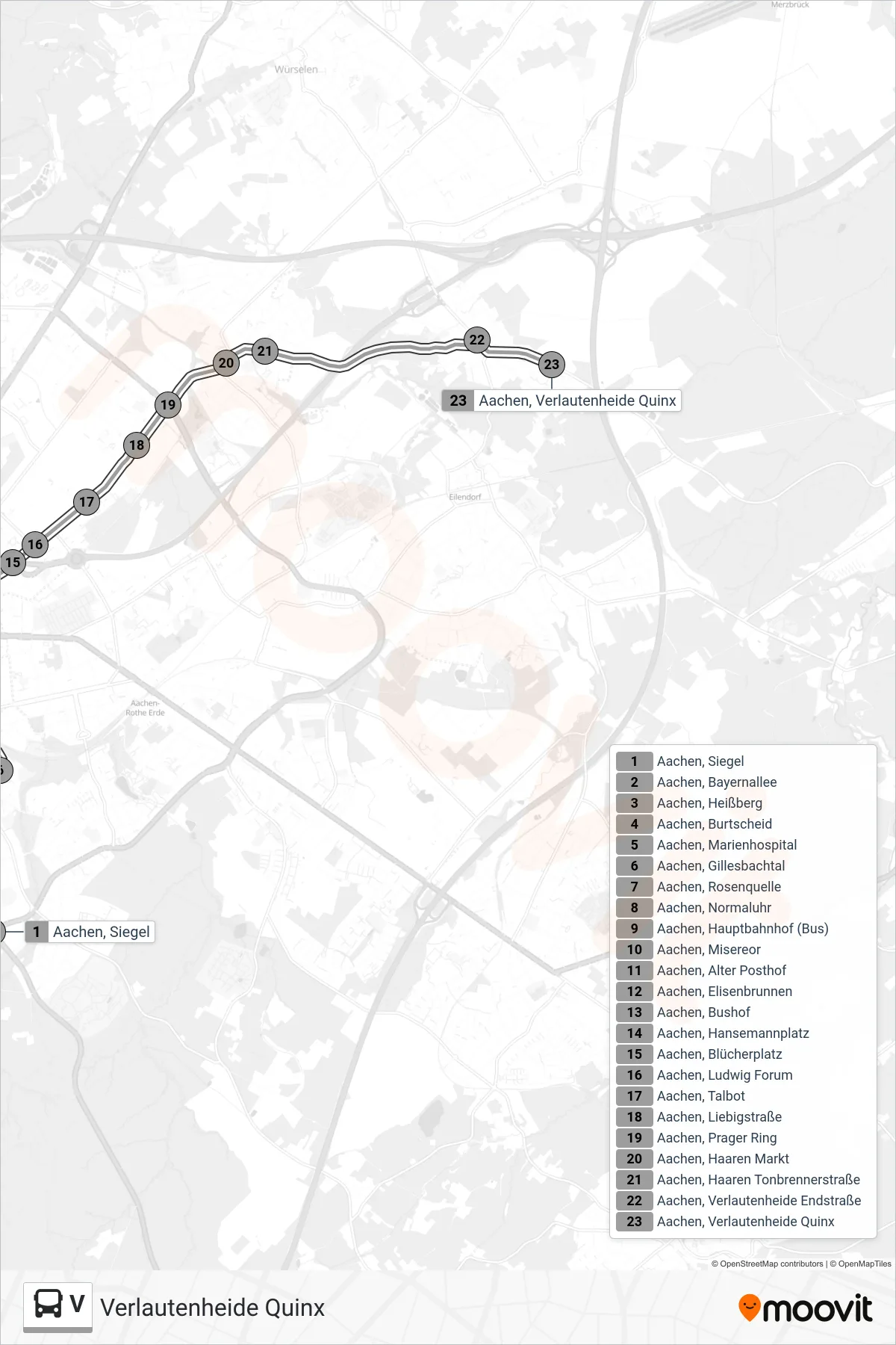 V bus Line (Verlautenheide Quinx) route and stops on a map