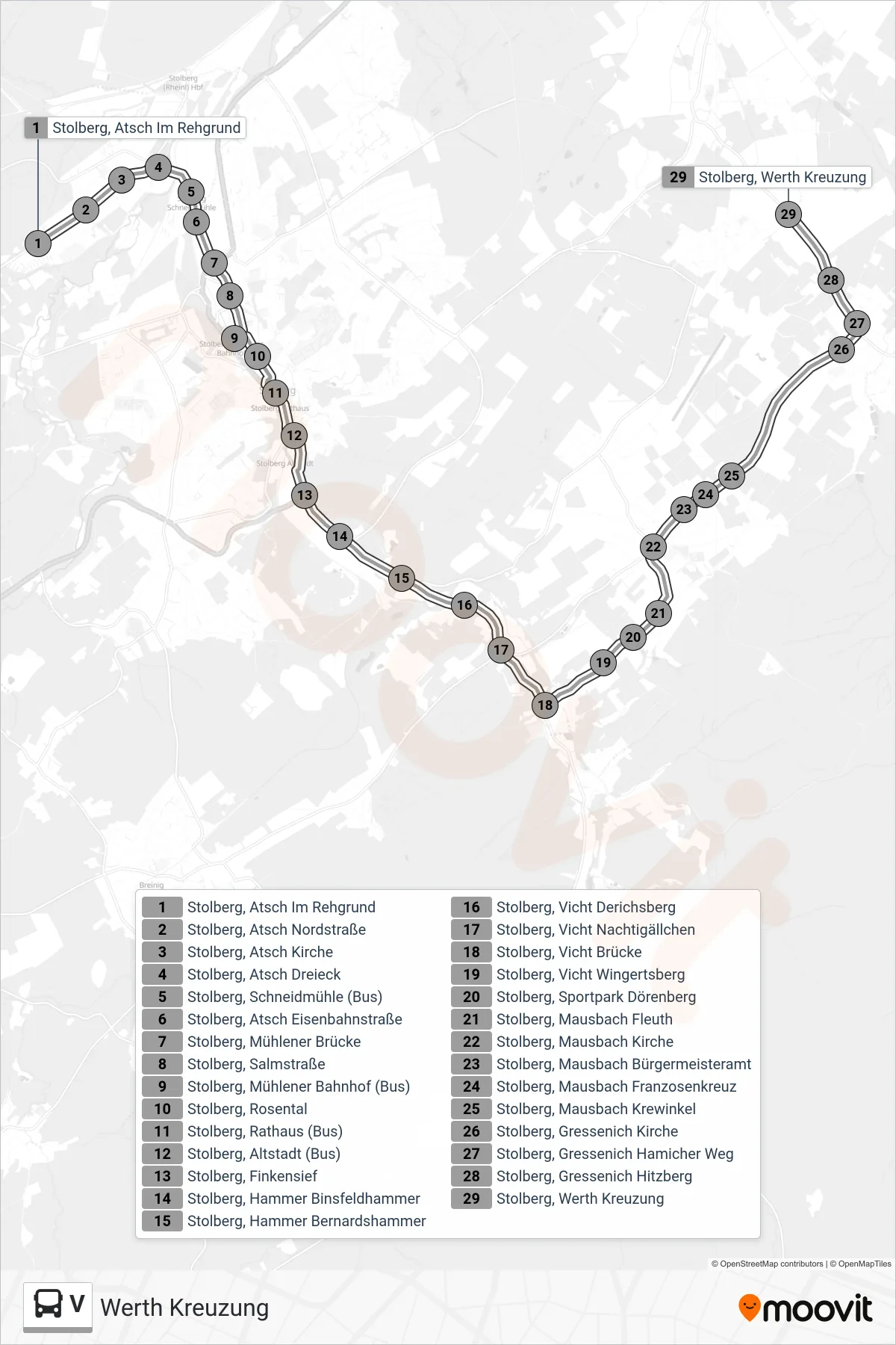 Linie V (Bus) Richtung Werth Kreuzung: Route und Haltestellen auf der Karte