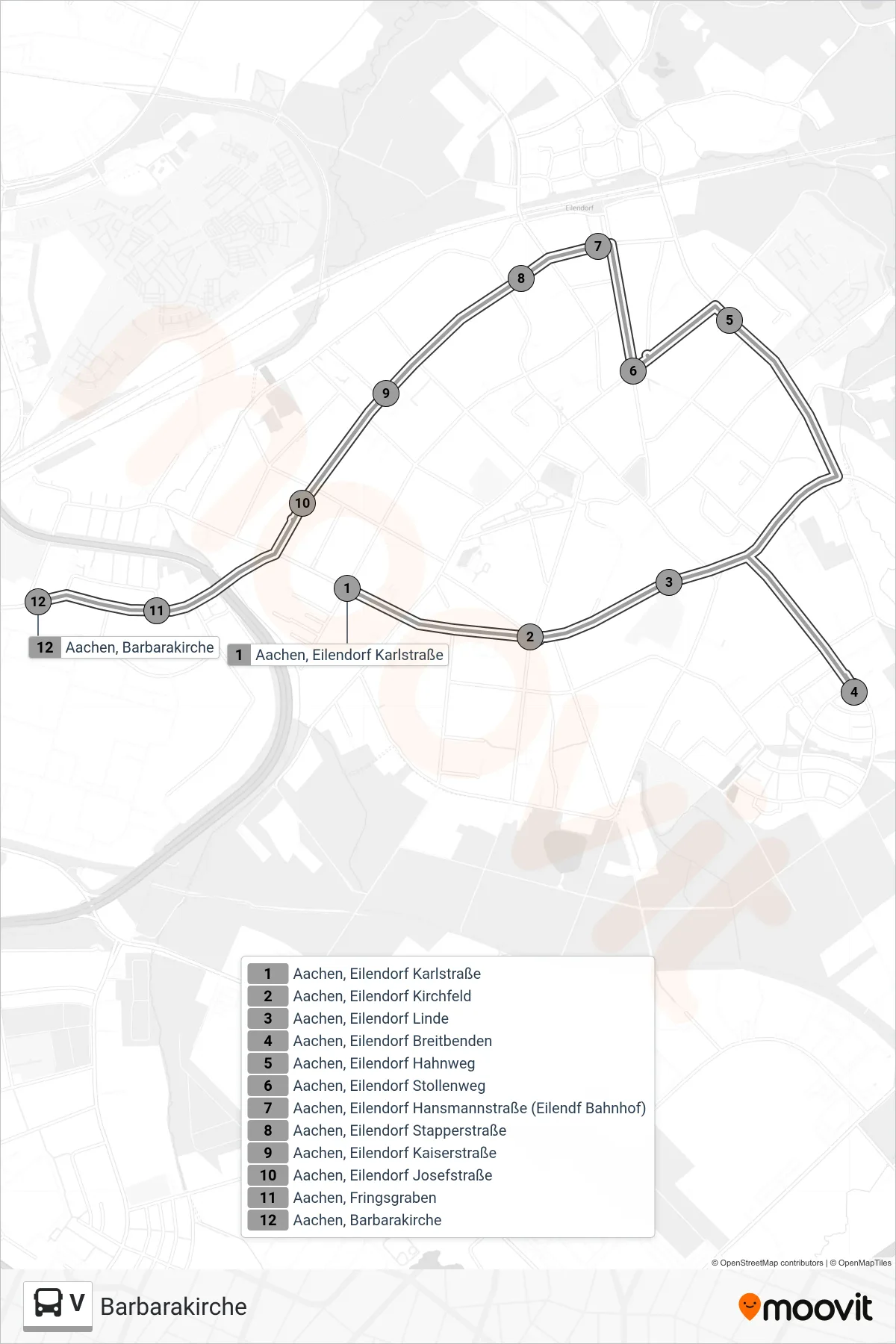 V bus Line (Barbarakirche) route and stops on a map