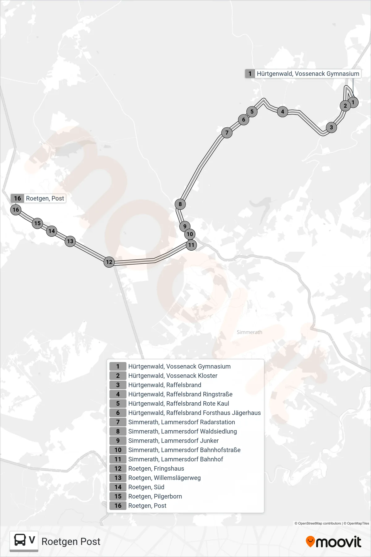 V bus Line (Roetgen Post) route and stops on a map
