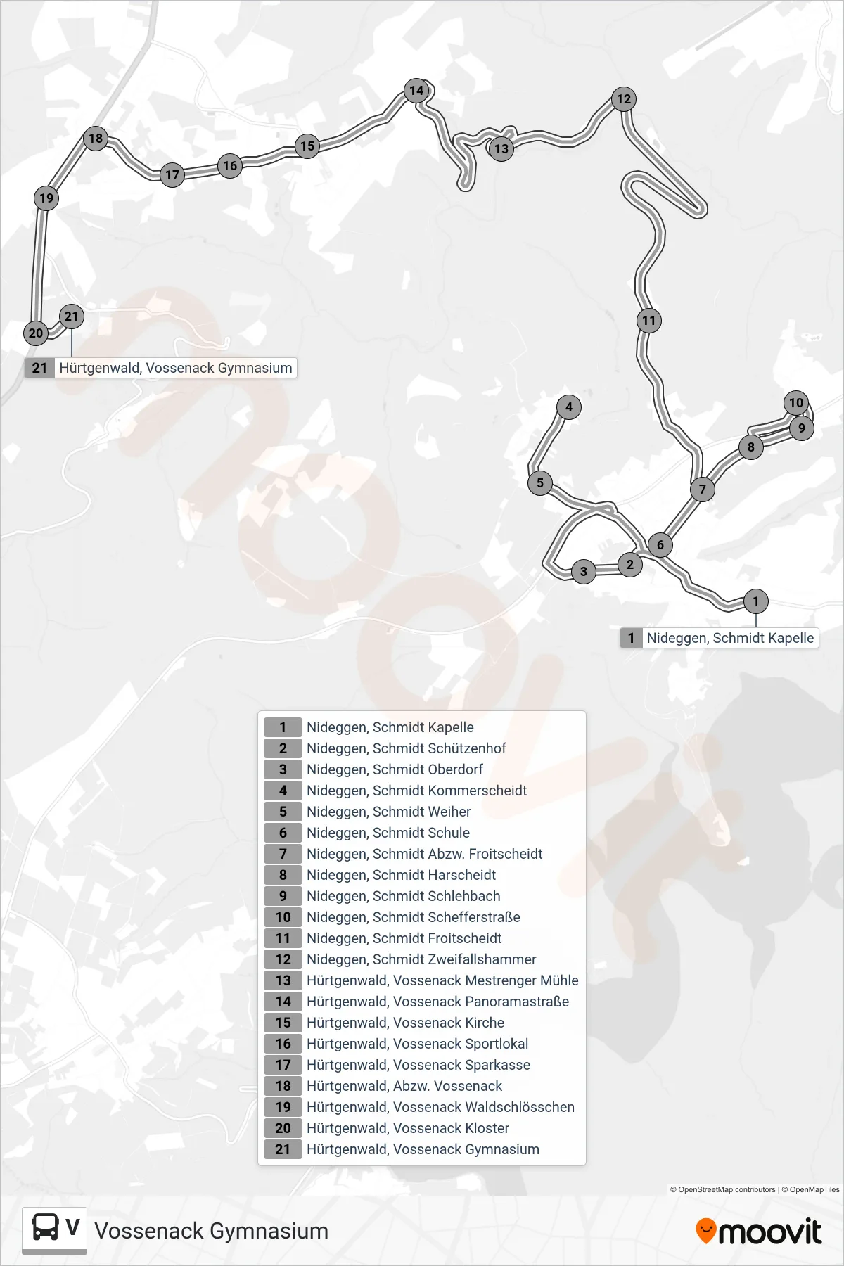Linie V (Bus) Richtung Vossenack Gymnasium: Route und Haltestellen auf der Karte