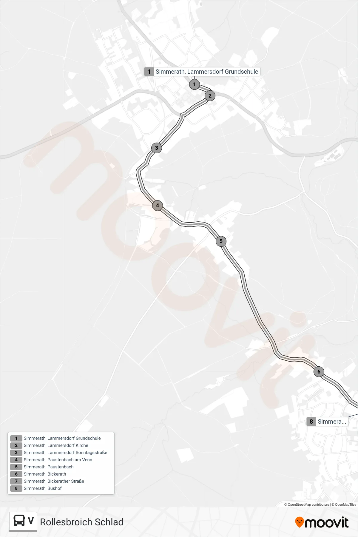 V bus Line (Rollesbroich Schlad) route and stops on a map