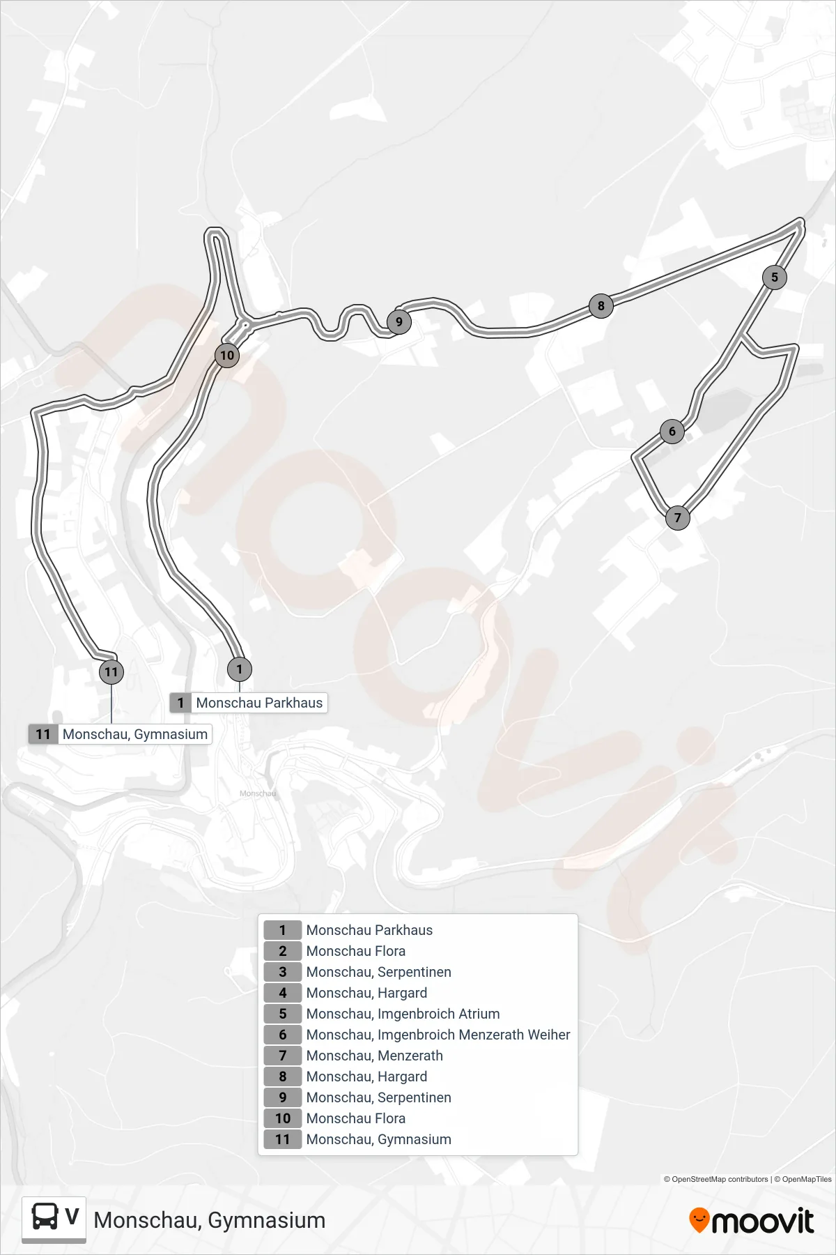 V bus Line (Monschau, Gymnasium) route and stops on a map