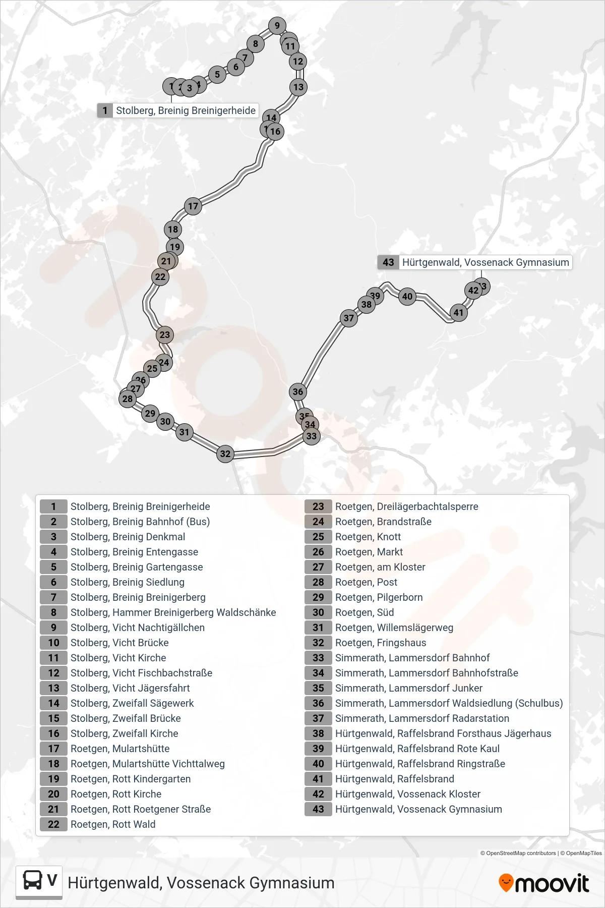 Linie V (Bus) Richtung Hürtgenwald, Vossenack Gymnasium: Route und Haltestellen auf der Karte
