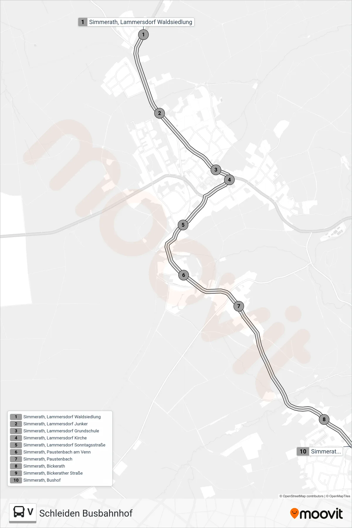 V bus Line (Schleiden Busbahnhof) route and stops on a map