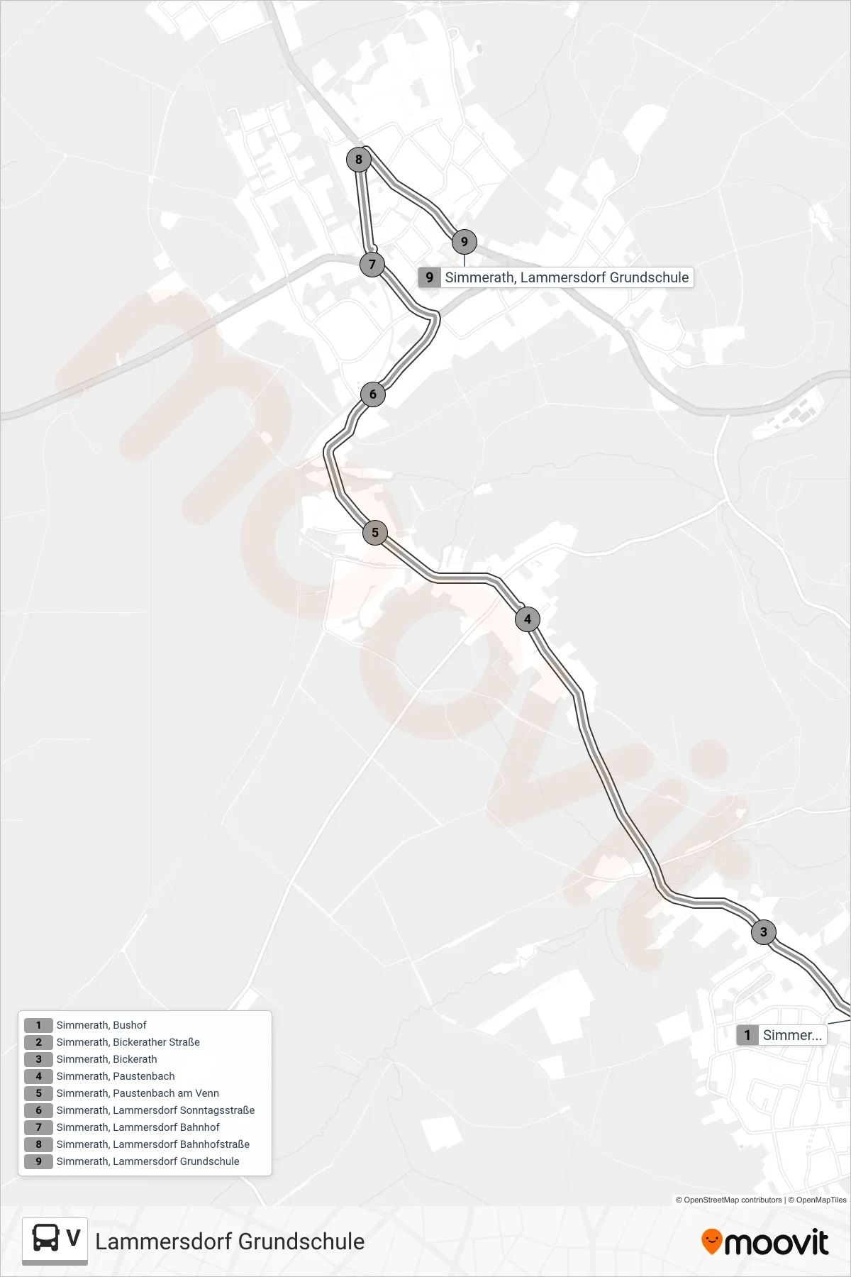 V bus Line (Lammersdorf Grundschule) route and stops on a map