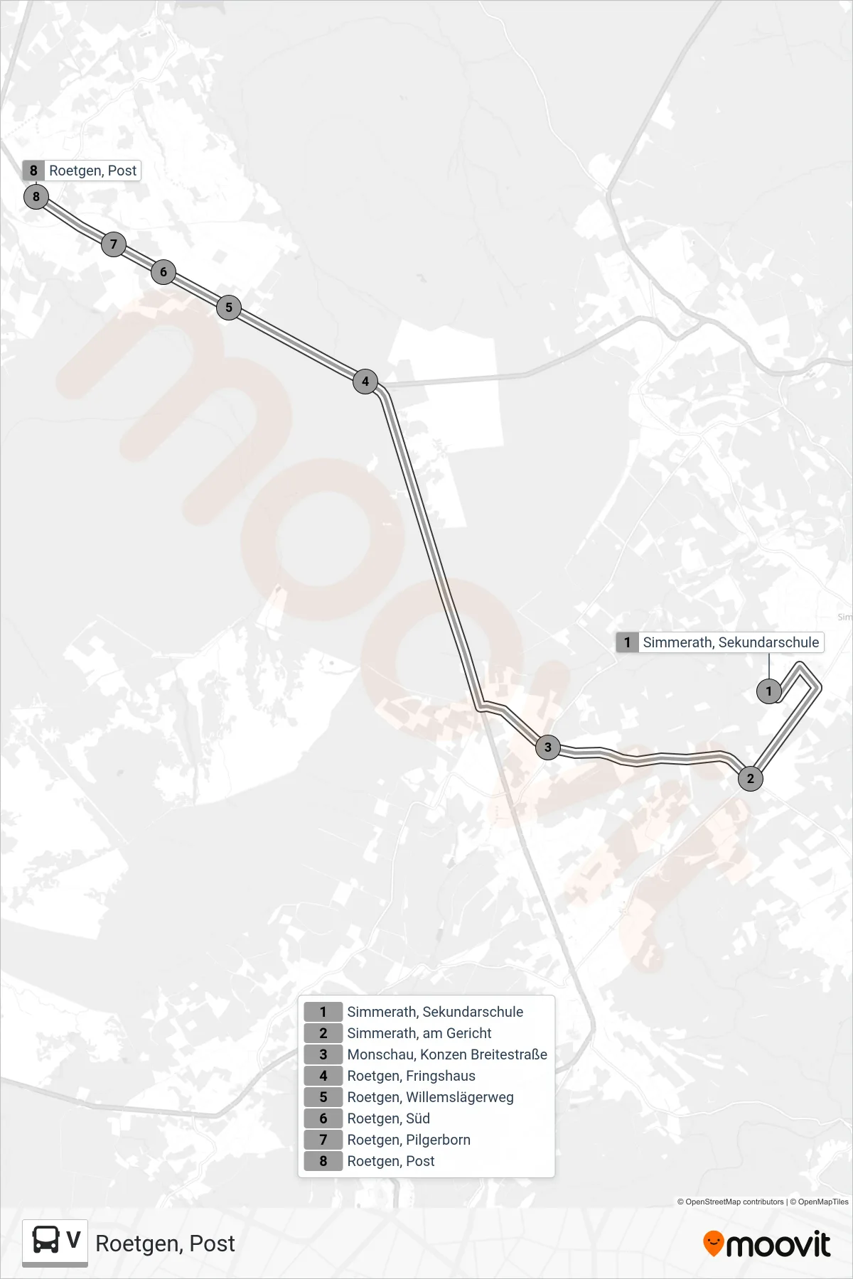 V bus Line (Roetgen, Post) route and stops on a map